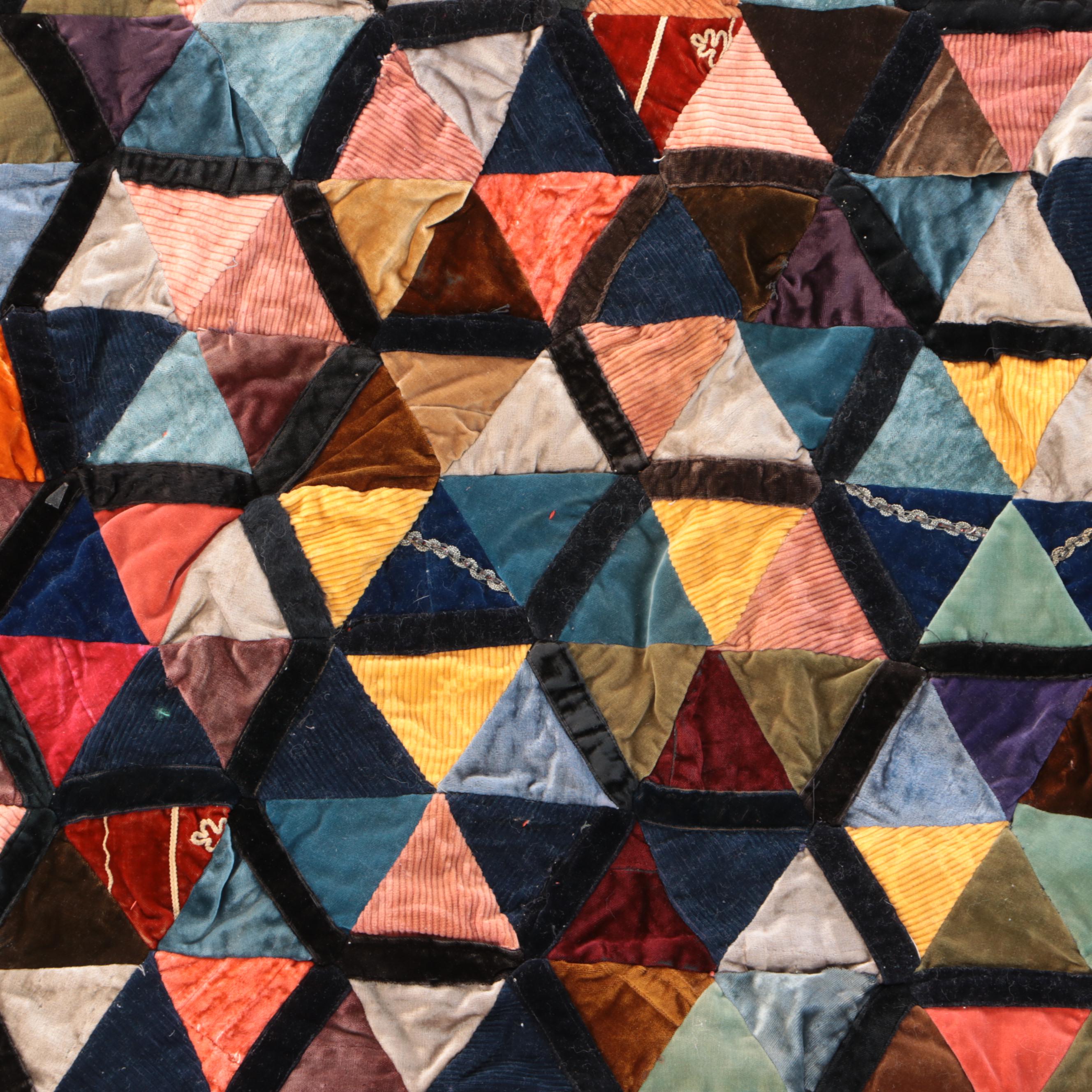 Hand-Pieced and Tied Velvet Triangles and Hand-Embroidered Crazy Quilt