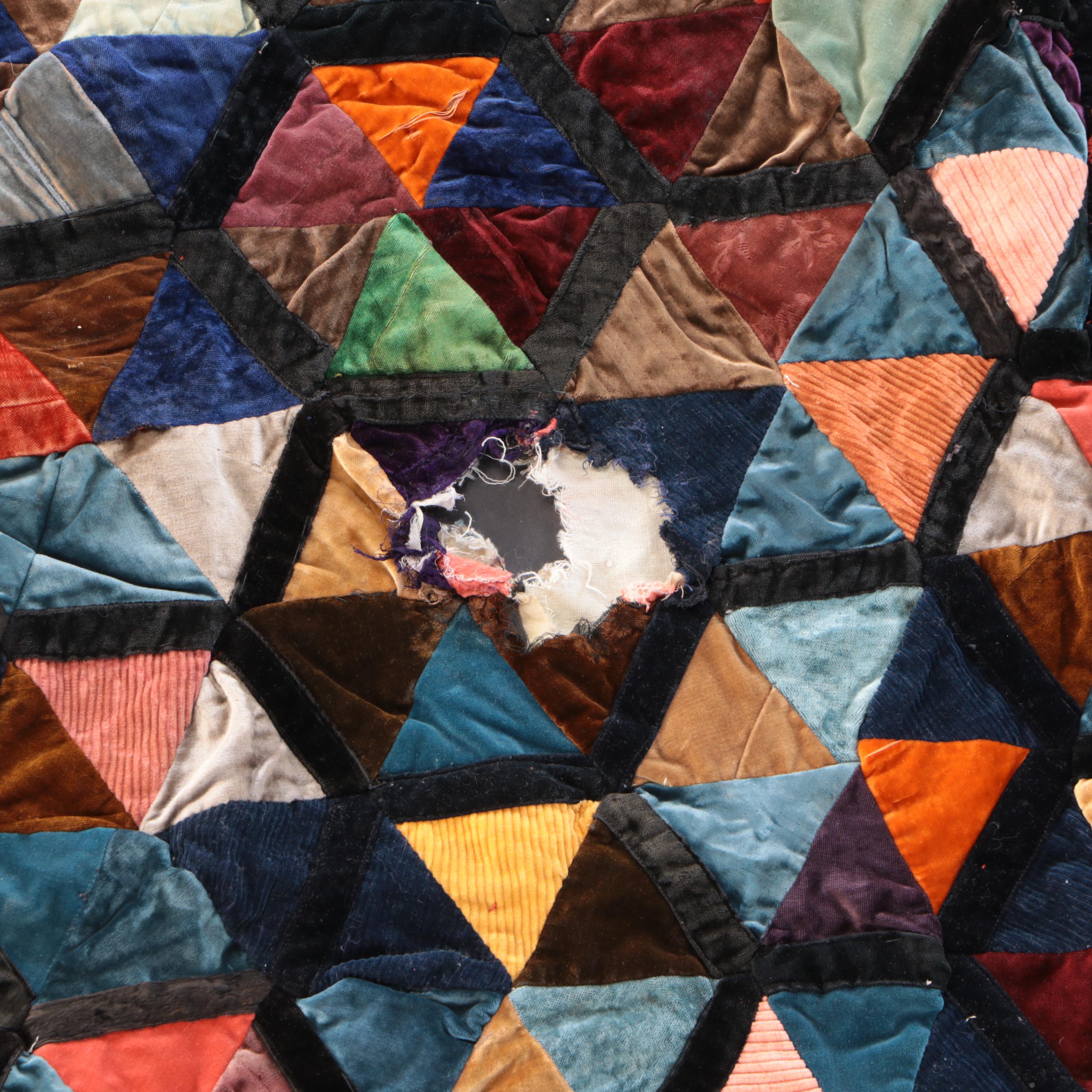 Hand-Pieced and Tied Velvet Triangles and Hand-Embroidered Crazy Quilt