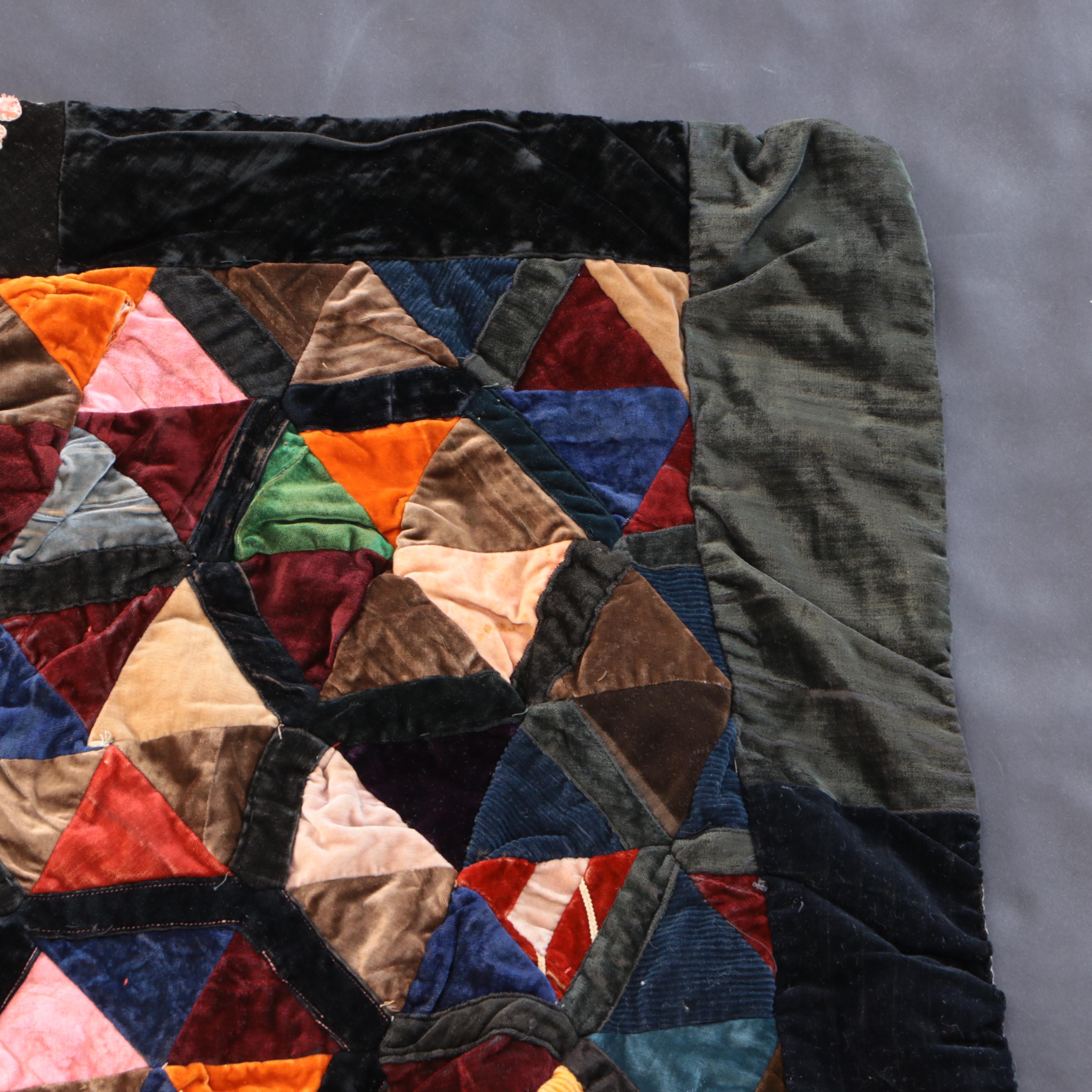 Hand-Pieced and Tied Velvet Triangles and Hand-Embroidered Crazy Quilt