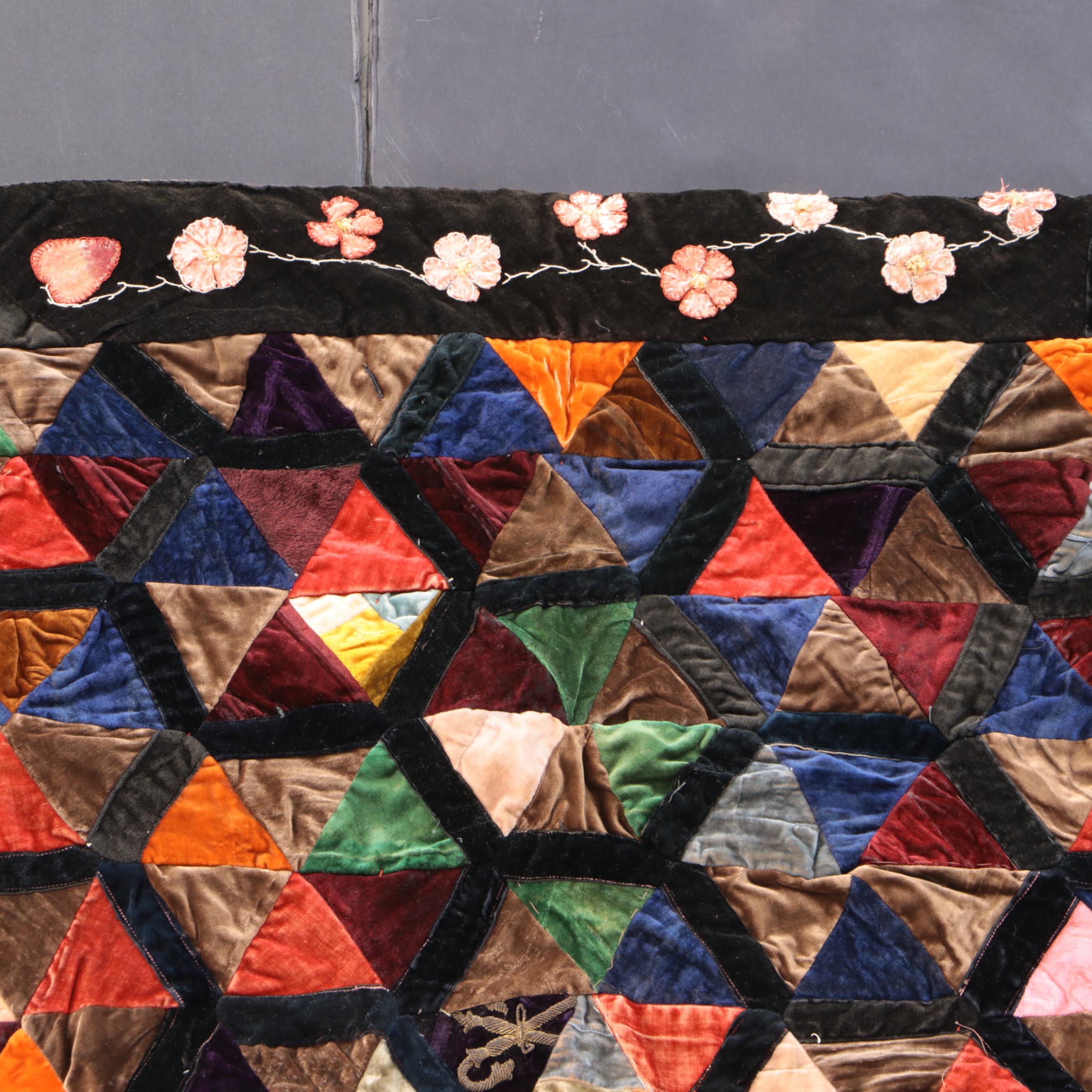 Hand-Pieced and Tied Velvet Triangles and Hand-Embroidered Crazy Quilt