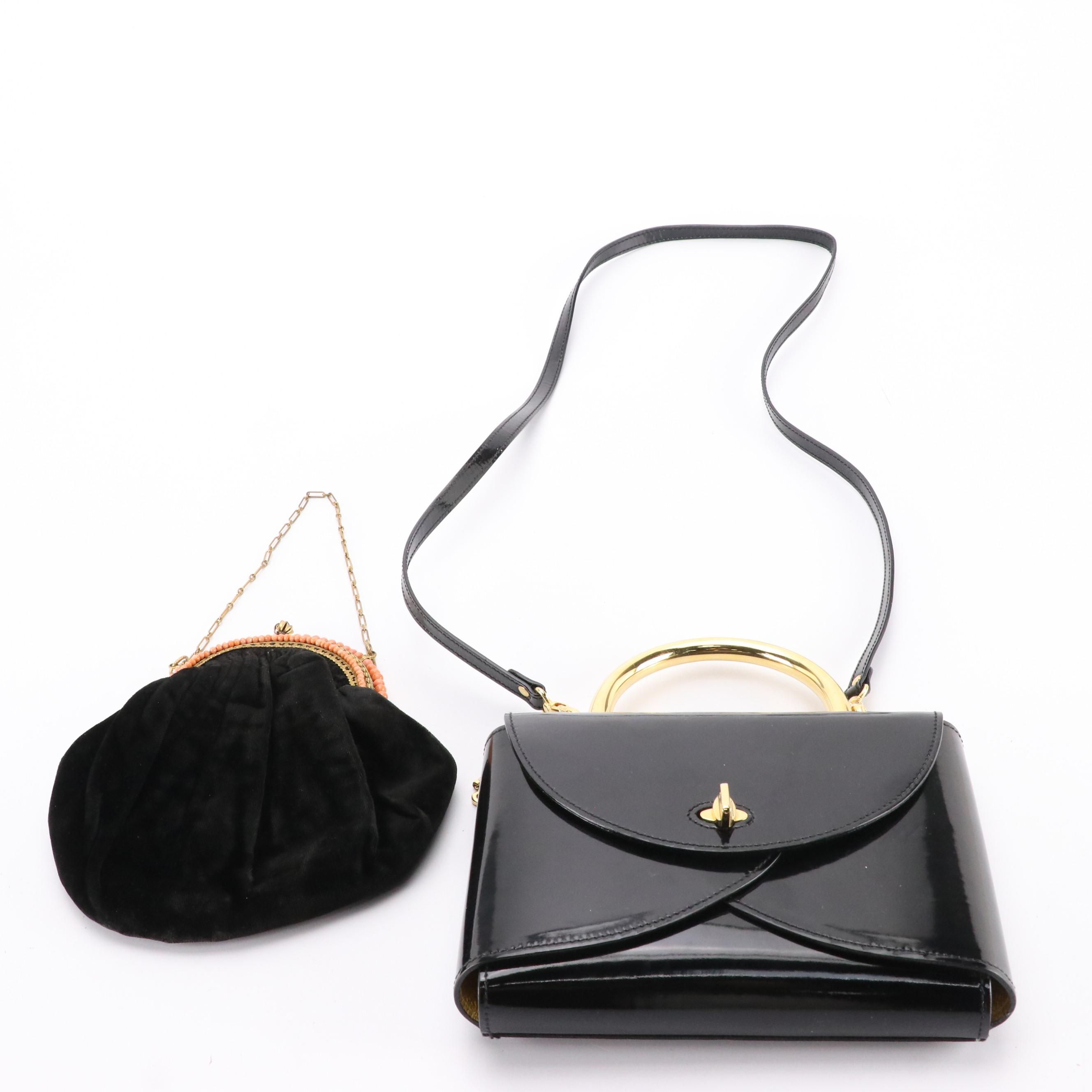 Walter Steiger Origami Style Purse and 1930s Bead Frame Velvet Evening Bag