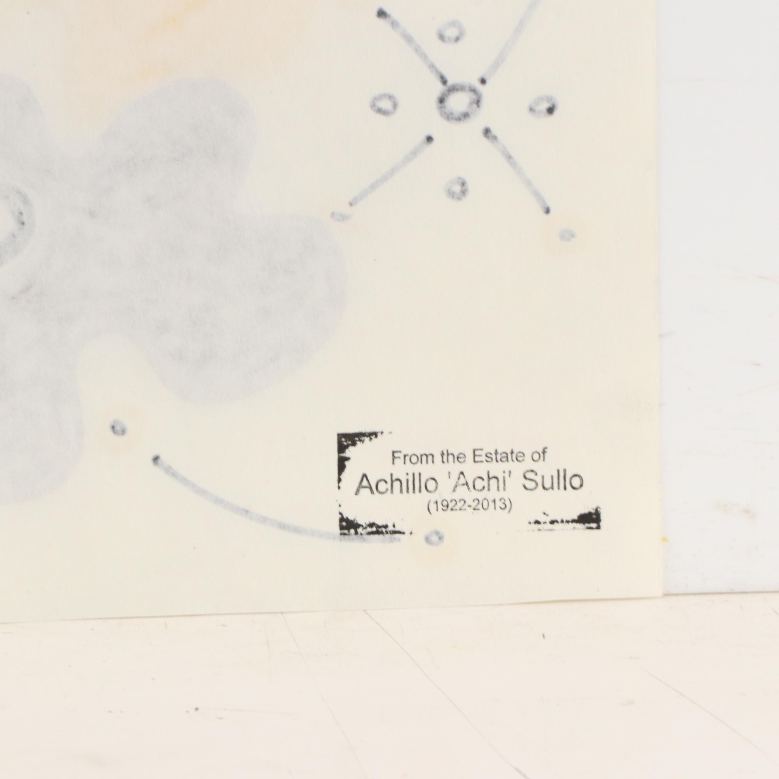 Achillo “Achi” Sullo Modern Biomorphic Ink Drawing, Mid to Late 20th Century