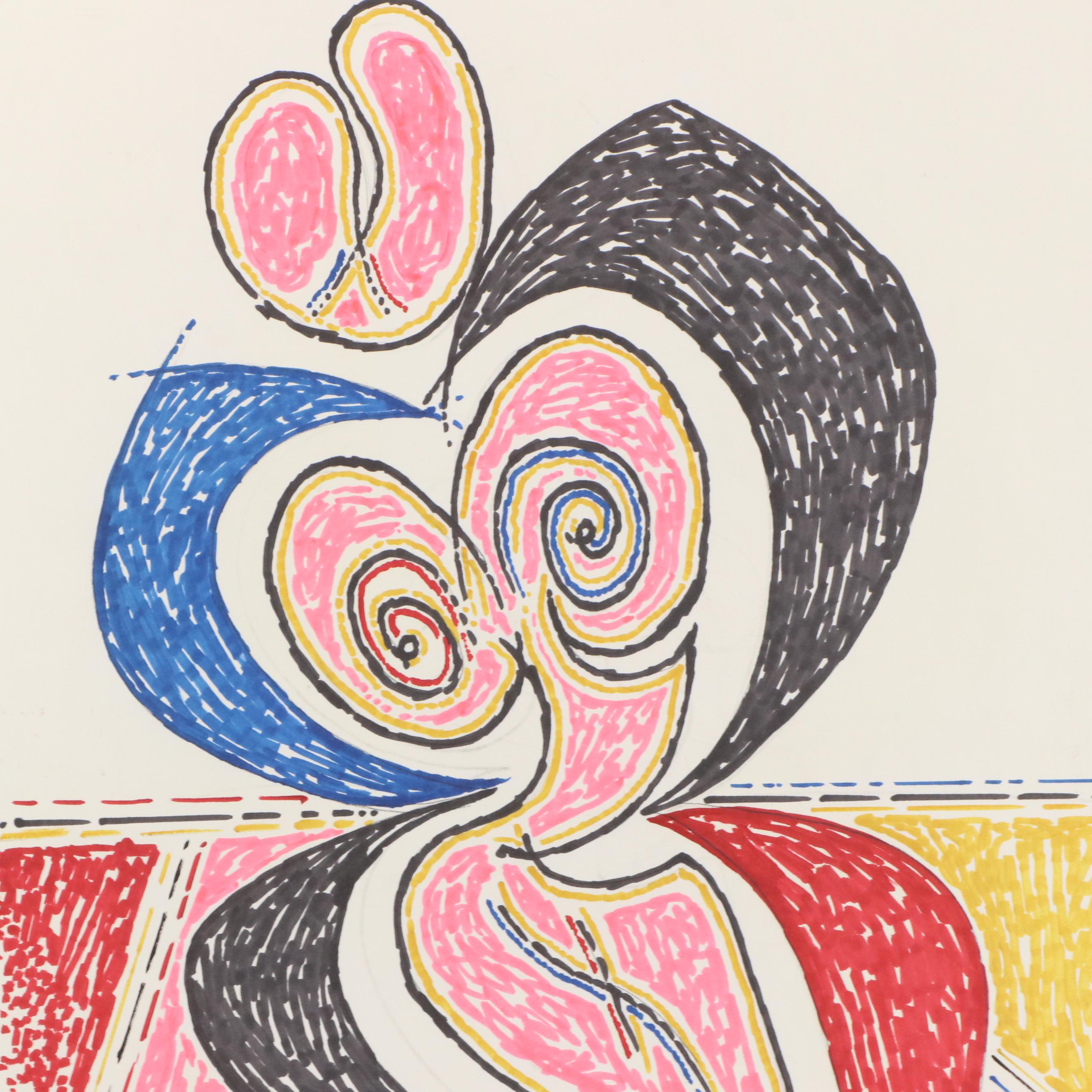 Achillo “Achi” Sullo Biomorphic Ink Drawing, Mid-Late 20th Century
