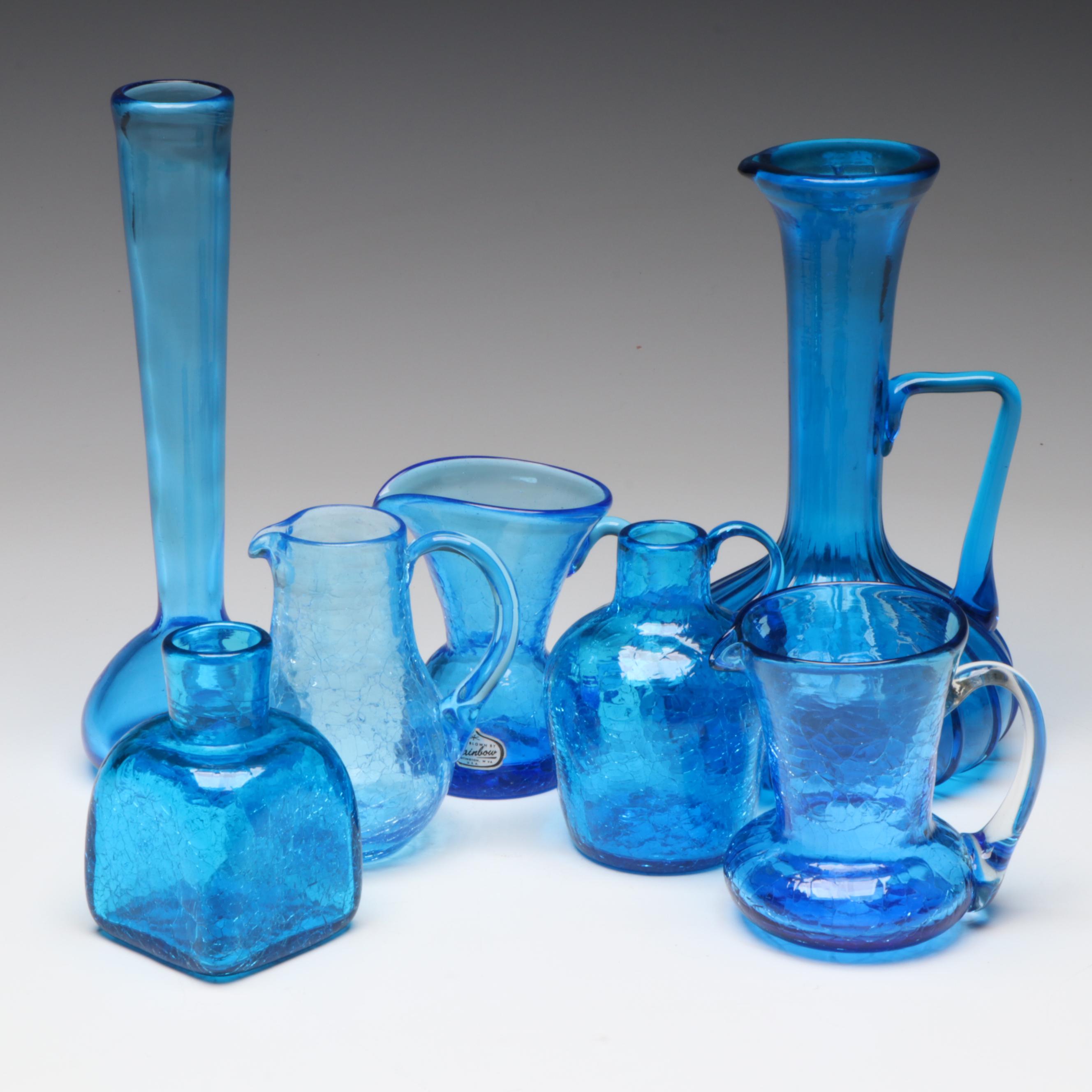 Rainbow Blown Glass Pitcher with Other Blue Crackle Glass Vases and Pitchers