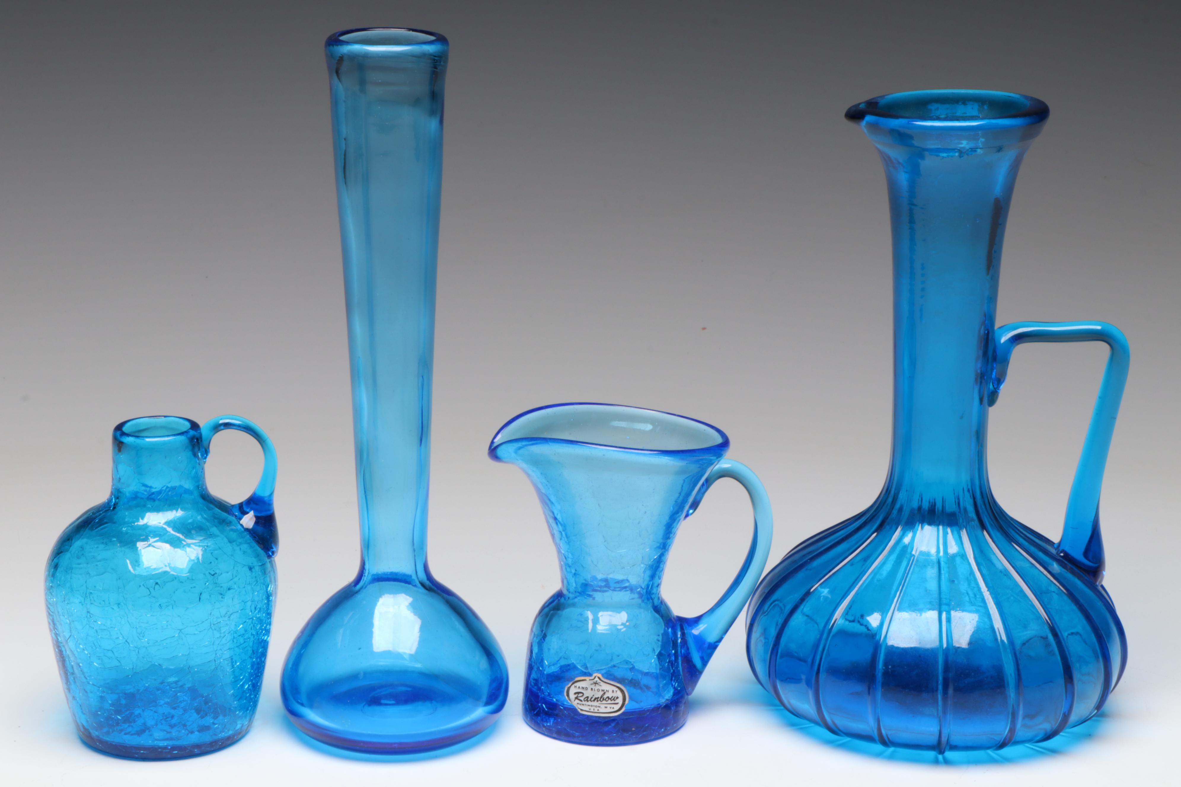 Rainbow Blown Glass Pitcher with Other Blue Crackle Glass Vases and Pitchers