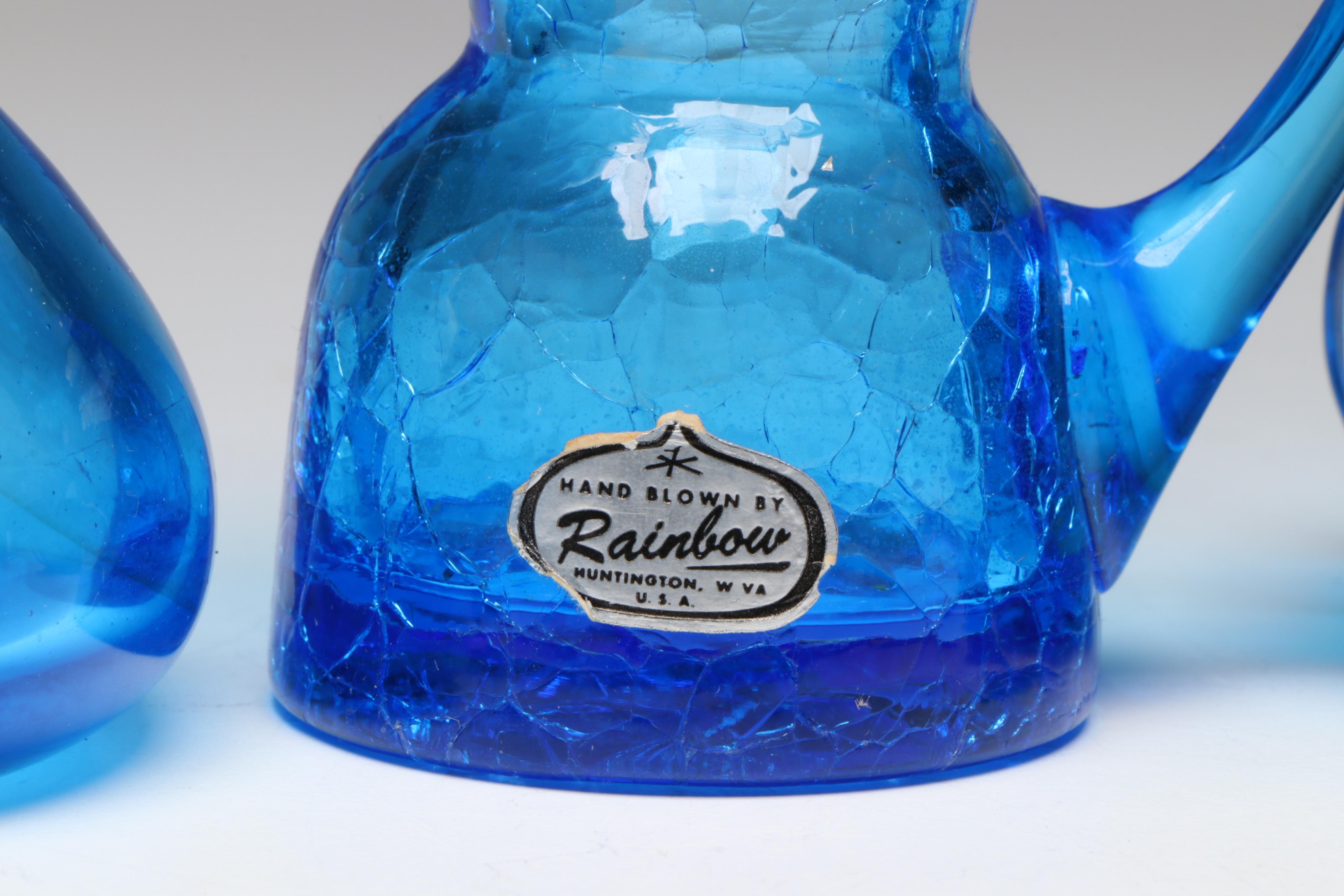 Rainbow Blown Glass Pitcher with Other Blue Crackle Glass Vases and Pitchers