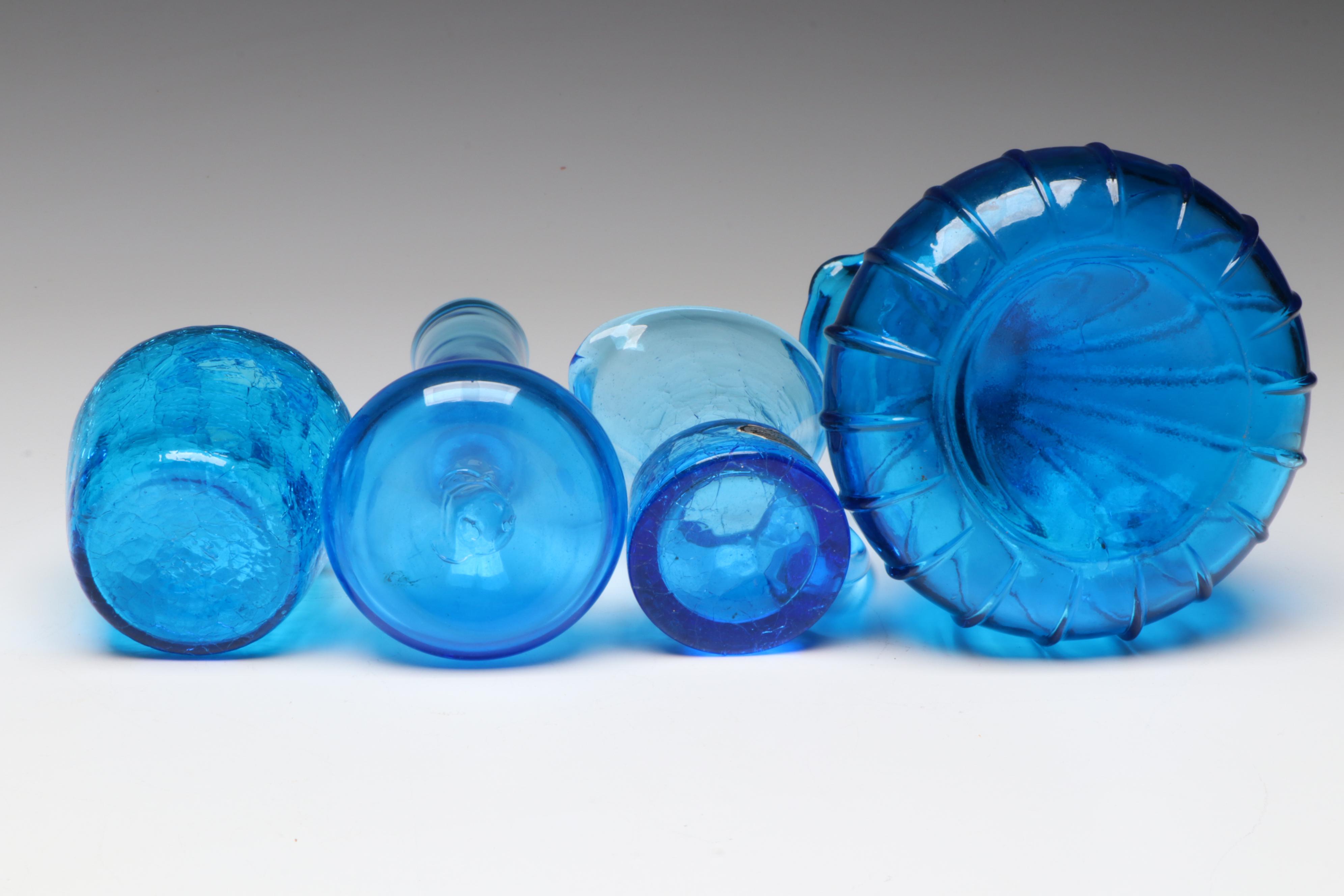 Rainbow Blown Glass Pitcher with Other Blue Crackle Glass Vases and Pitchers