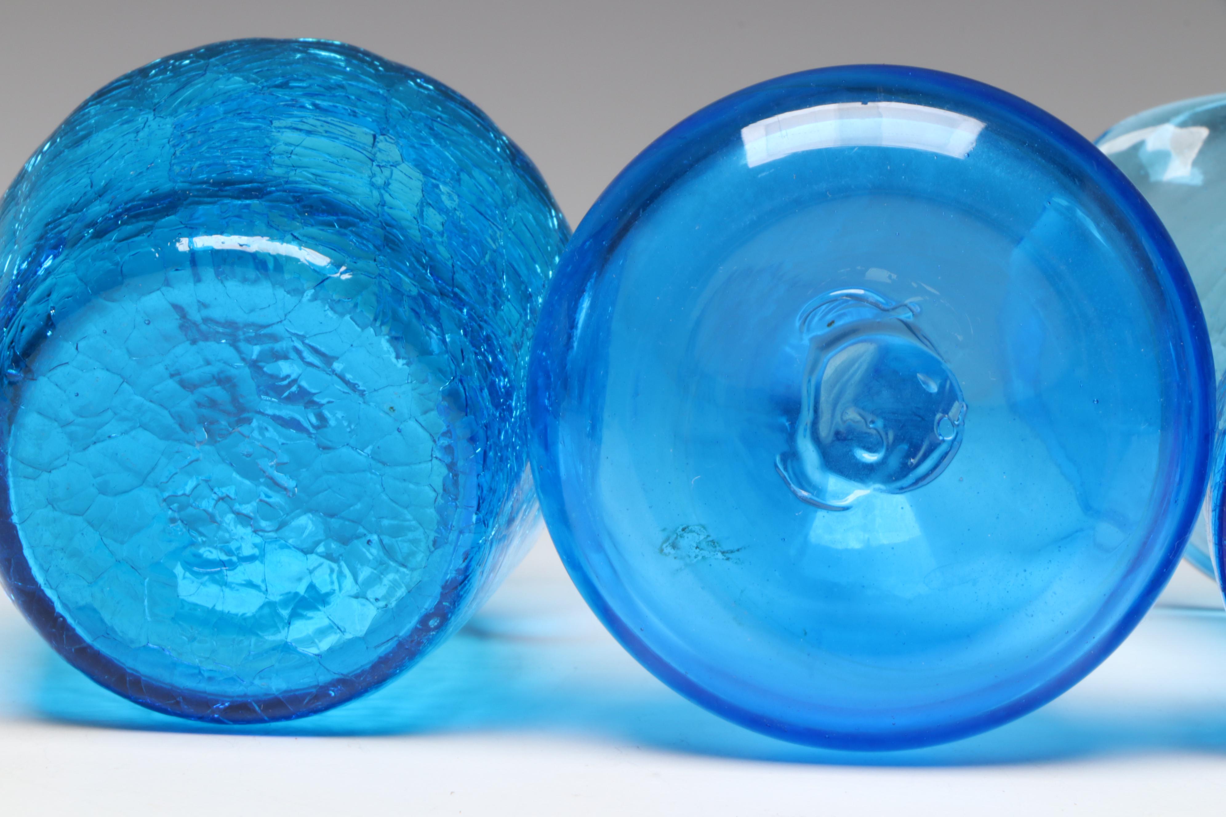 Rainbow Blown Glass Pitcher with Other Blue Crackle Glass Vases and Pitchers