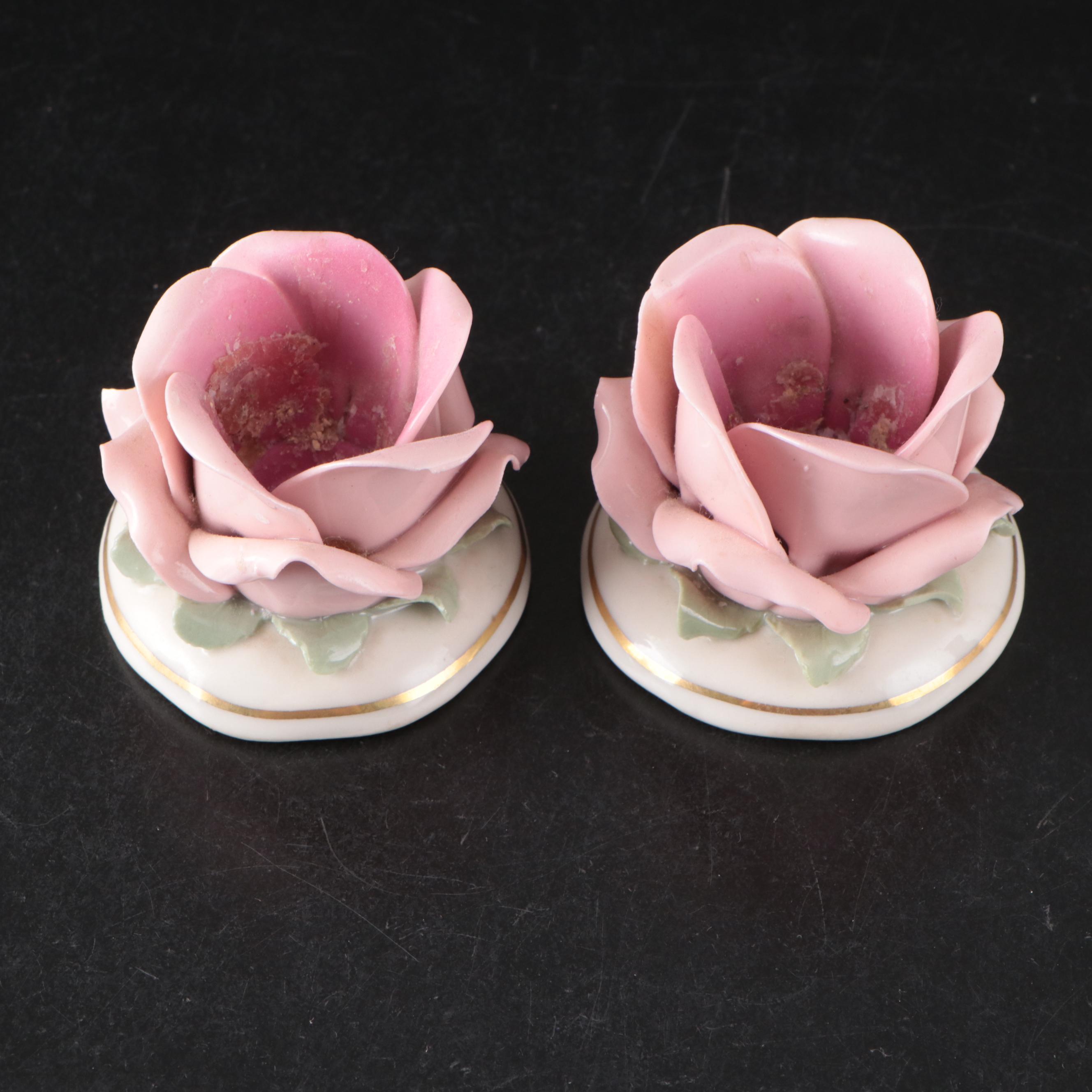 Capodimonte Style Ceramic Candle Holders, Vase, and Boxes