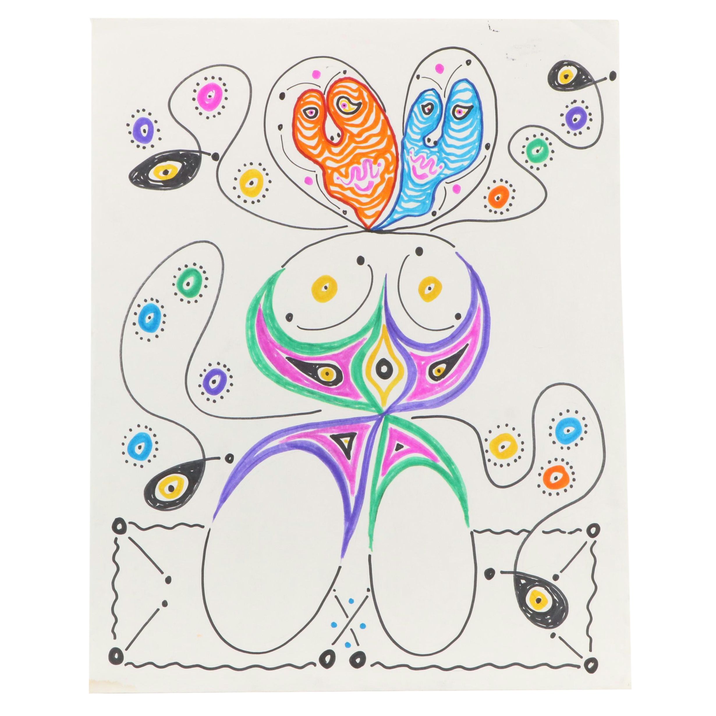 Achillo “Achi” Sullo Stylized Figure Ink Drawing, Mid–Late 20th Century