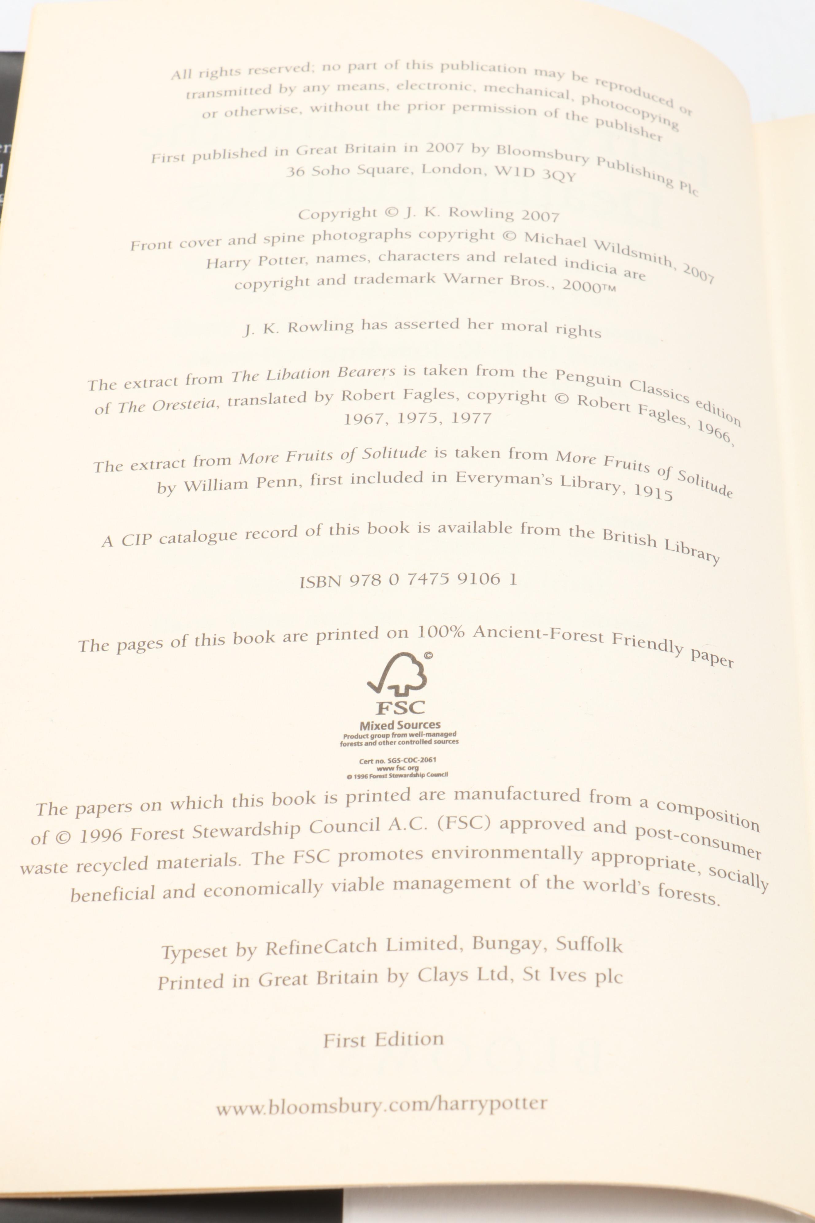 First UK Adult Edition "Harry Potter and the Deathly Hallows" by J. K. Rowling