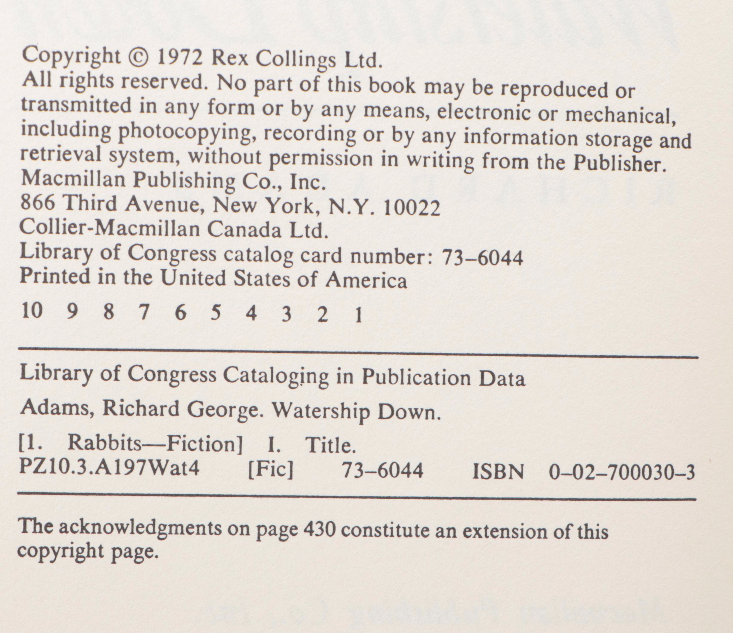 Book Club Edition "Watership Down" by Richard Adams, 1972