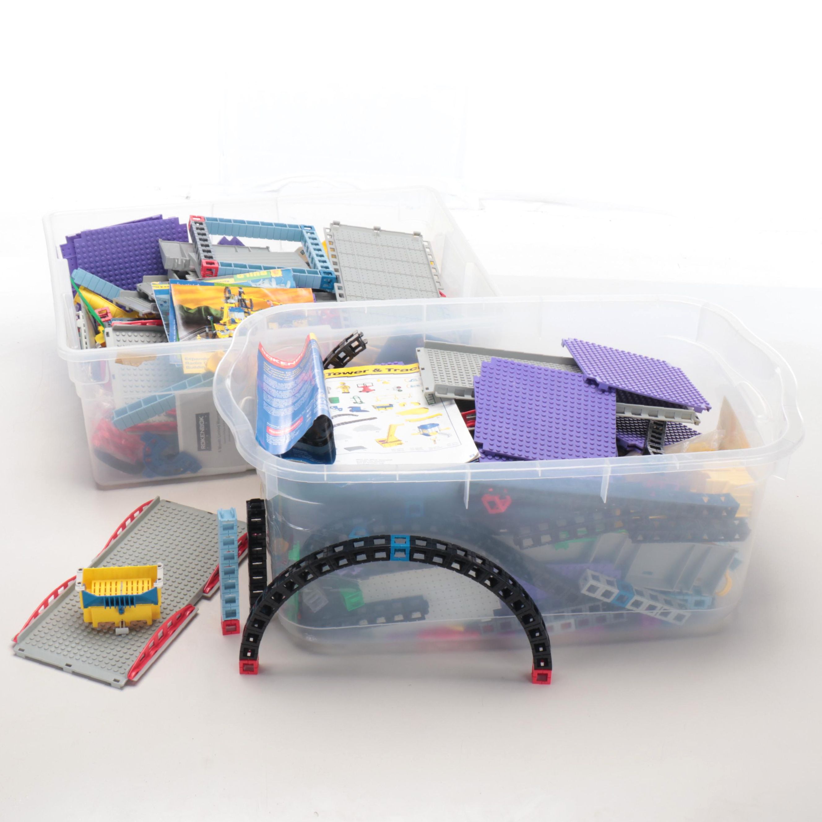 Rokenbok ROK Blocks, Base Plates and Figures in Storage Tubs