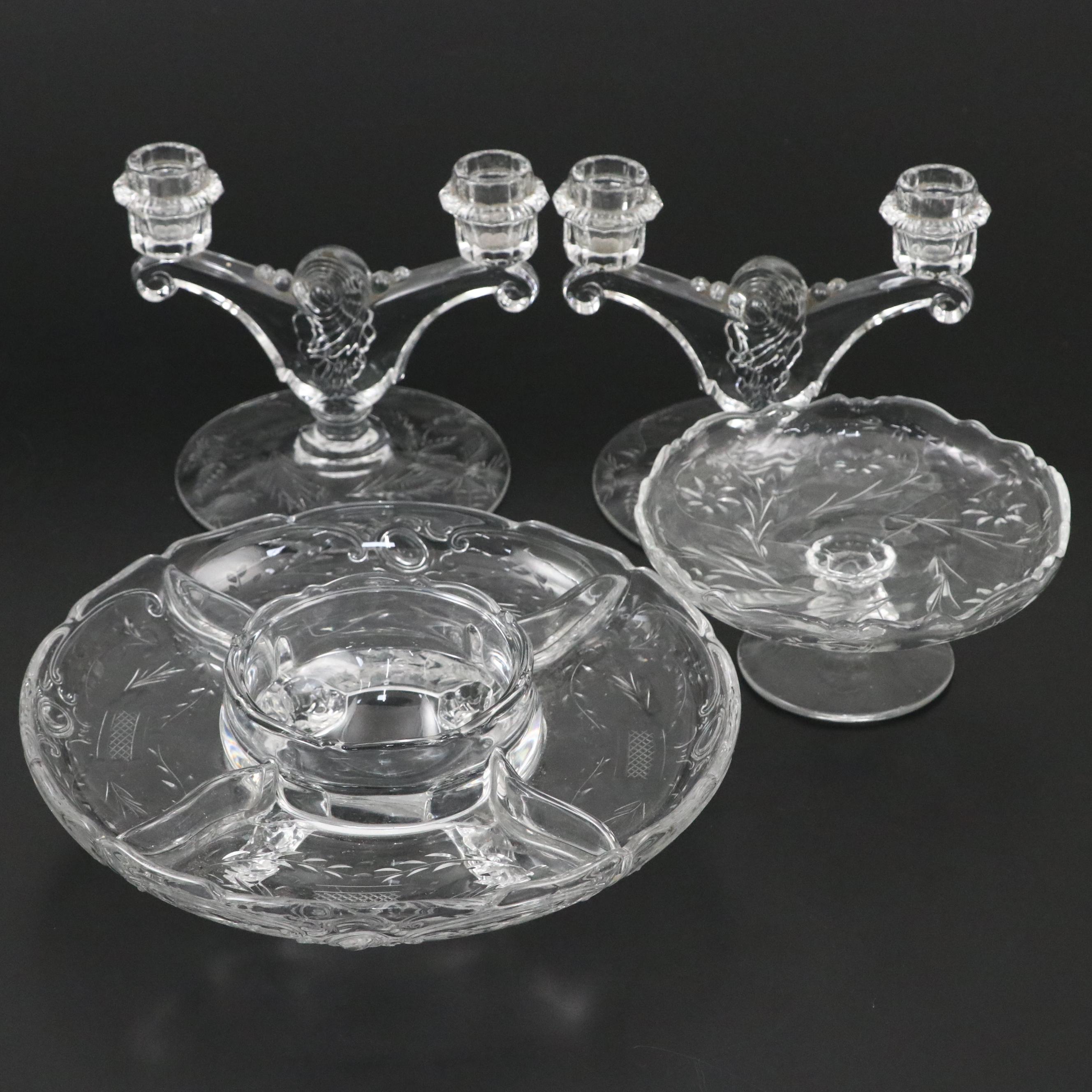 Heisey "Fern" Candlesticks and "Rococo" Relish Tray with Other Glass Compote