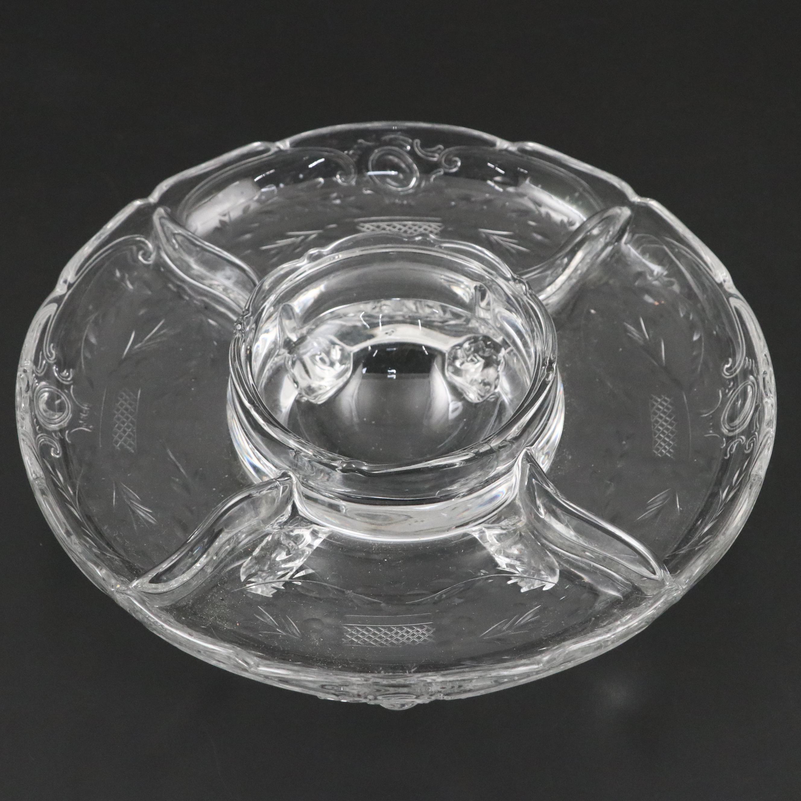 Heisey "Fern" Candlesticks and "Rococo" Relish Tray with Other Glass Compote