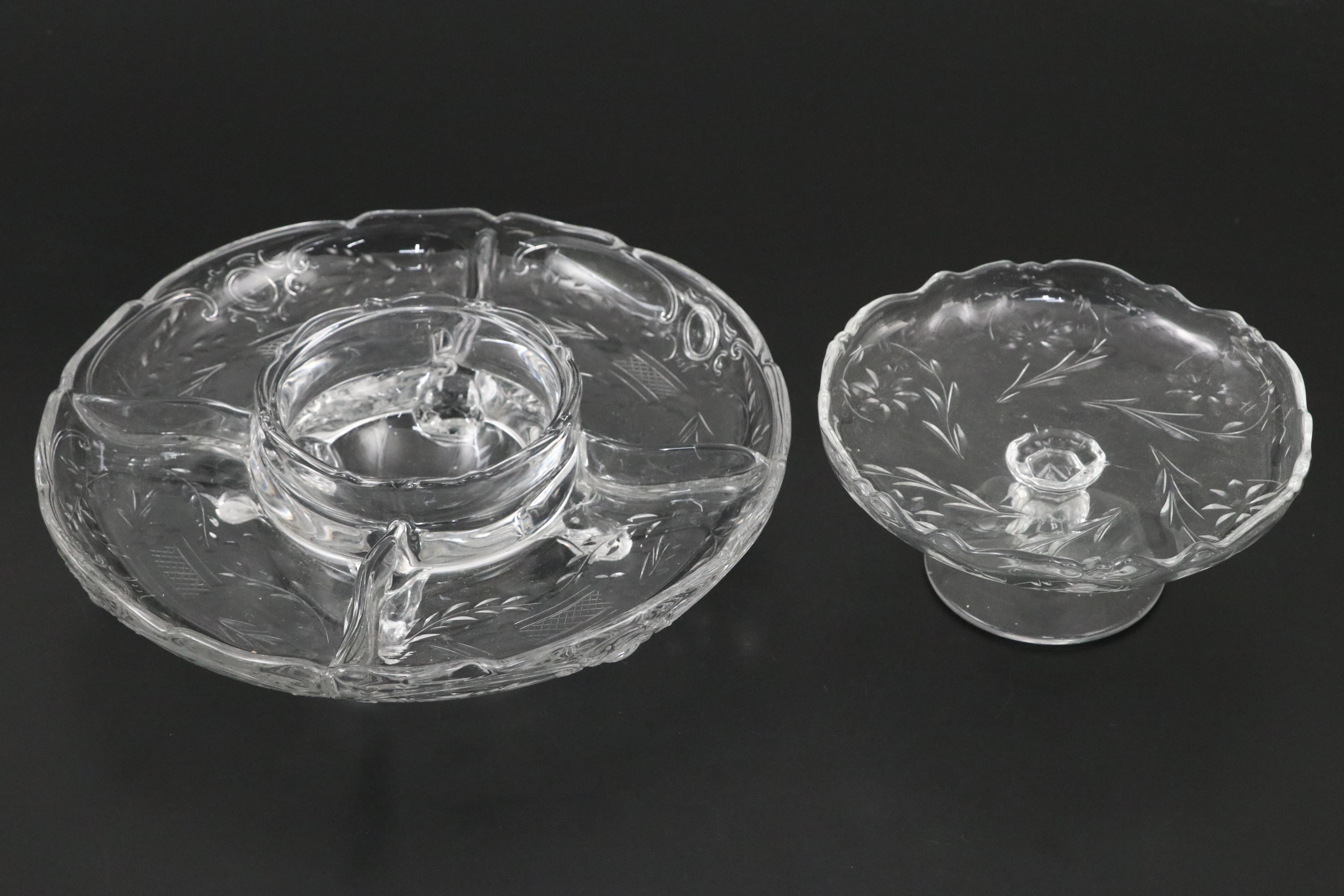 Heisey "Fern" Candlesticks and "Rococo" Relish Tray with Other Glass Compote