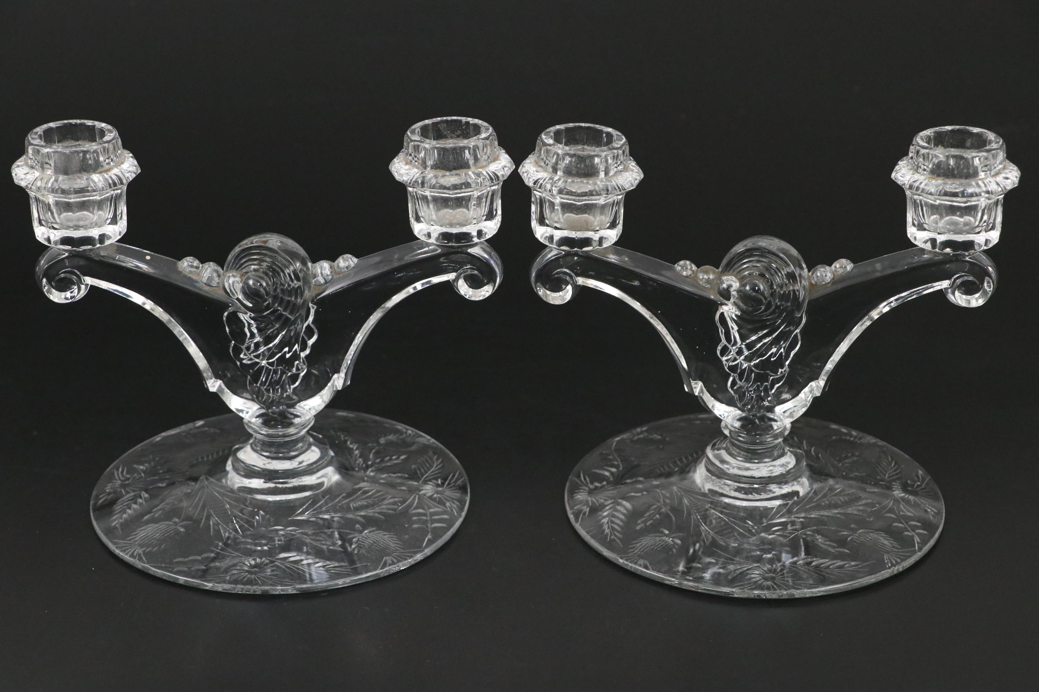 Heisey "Fern" Candlesticks and "Rococo" Relish Tray with Other Glass Compote