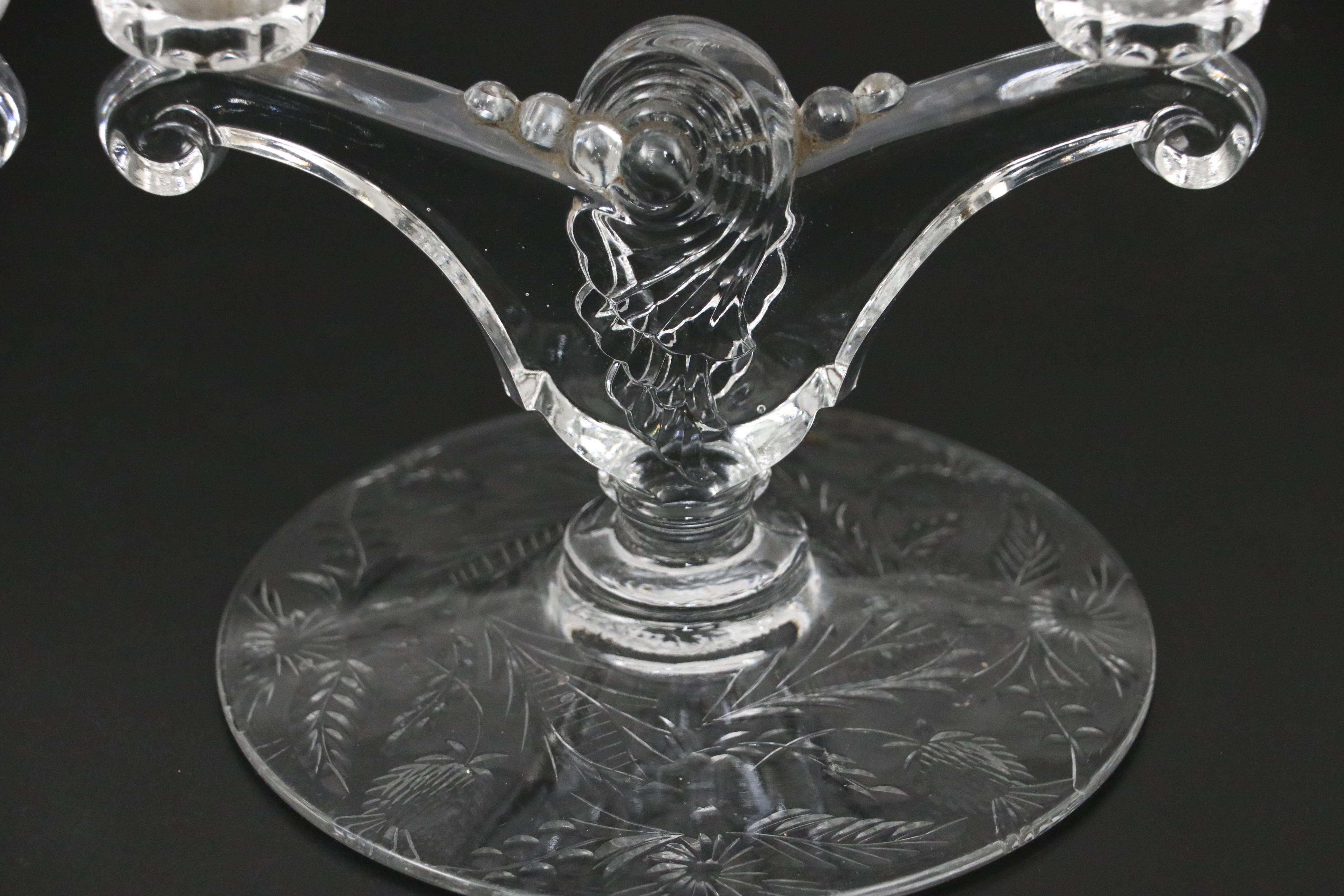 Heisey "Fern" Candlesticks and "Rococo" Relish Tray with Other Glass Compote