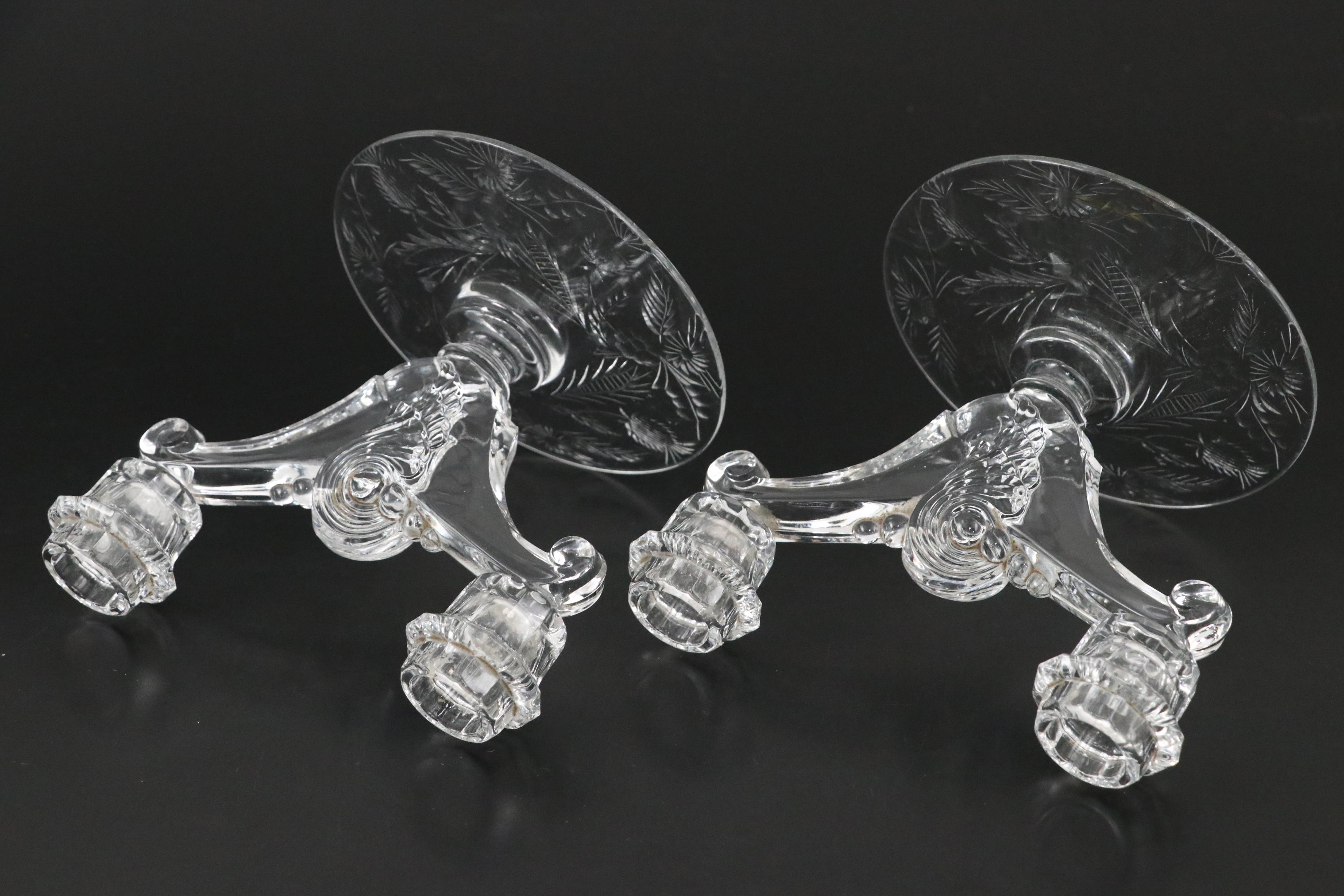 Heisey "Fern" Candlesticks and "Rococo" Relish Tray with Other Glass Compote