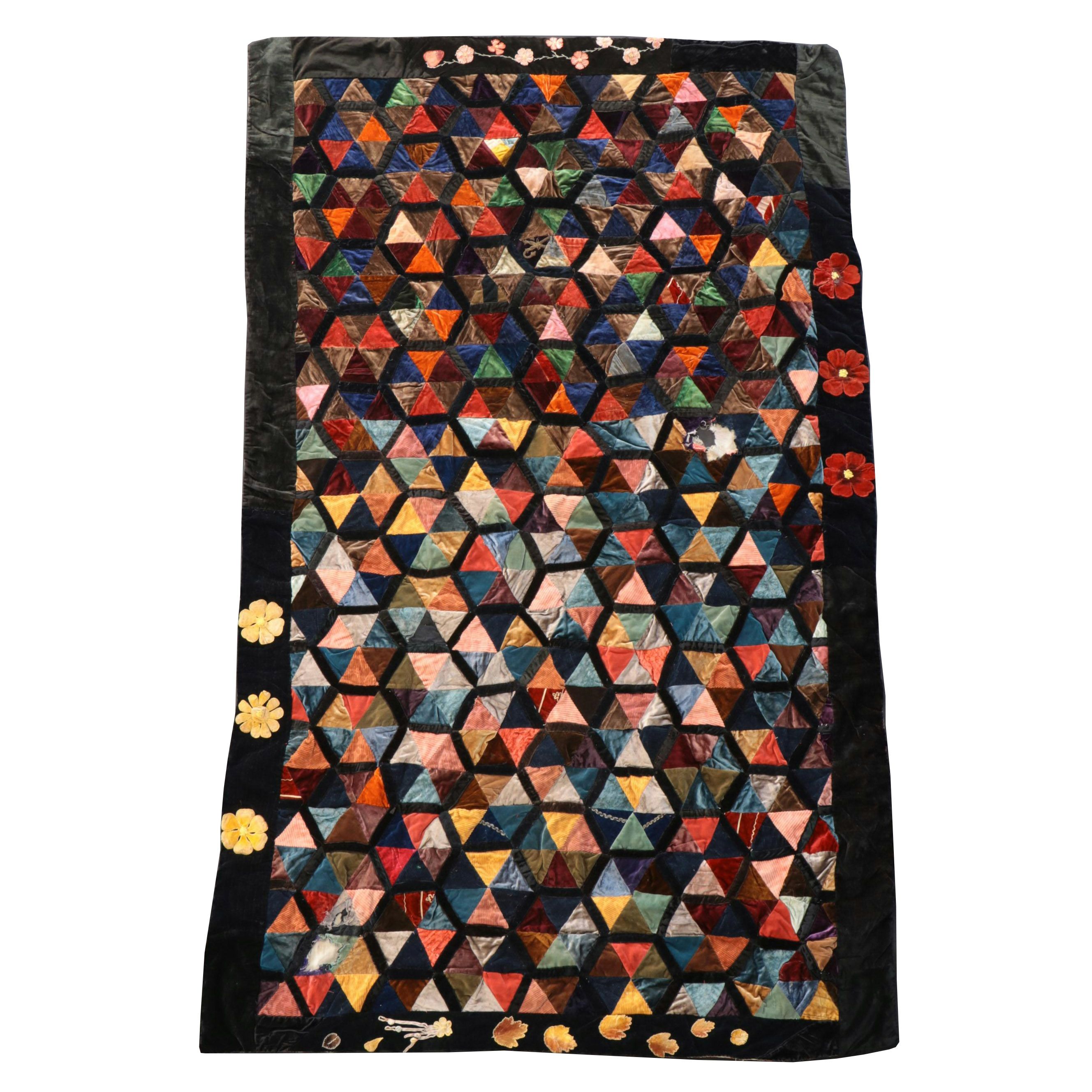 Hand-Pieced and Tied Velvet Triangles and Hand-Embroidered Crazy Quilt