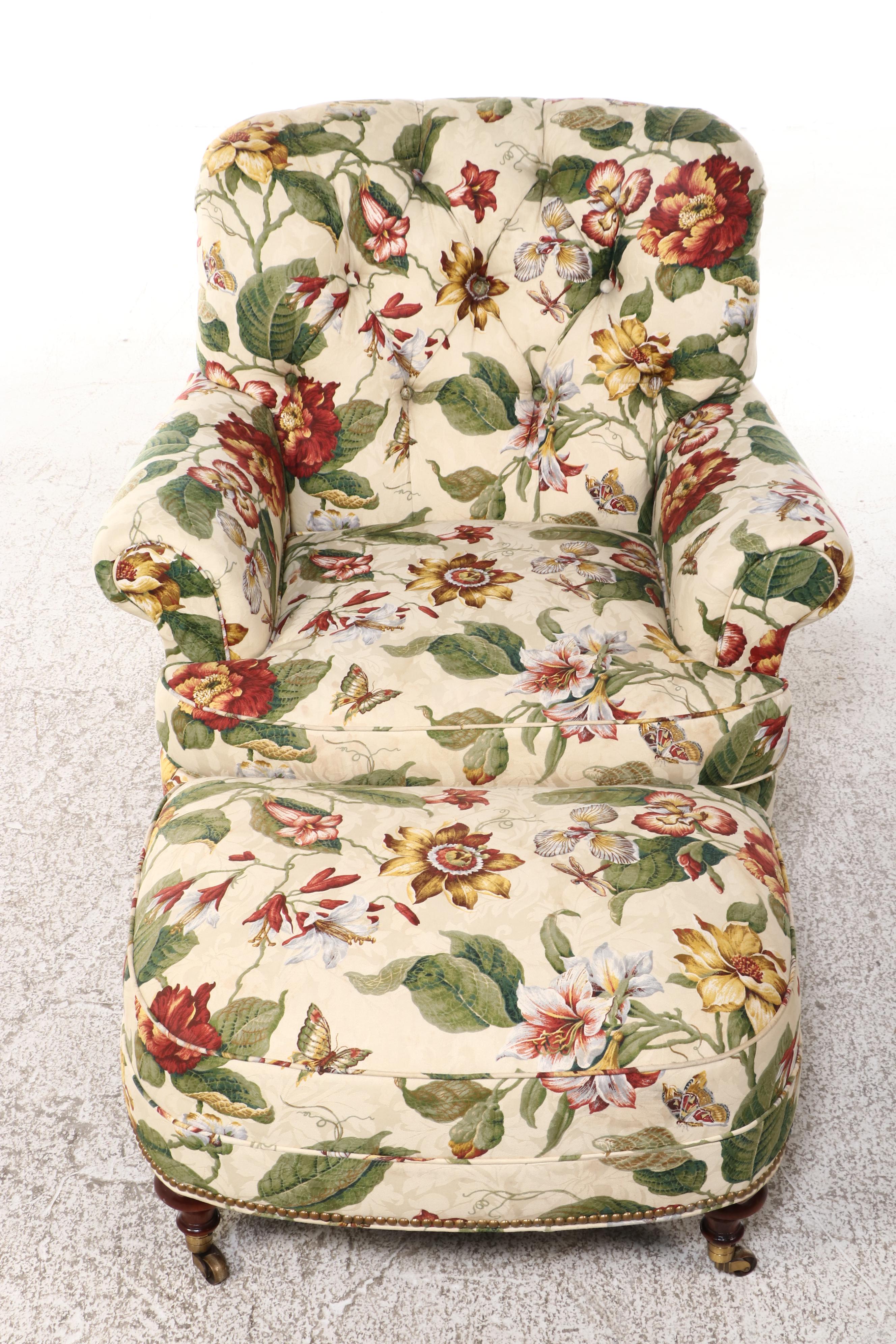 Victorian Style Mahogany and Buttoned-Down Easy Armchair with Ottoman