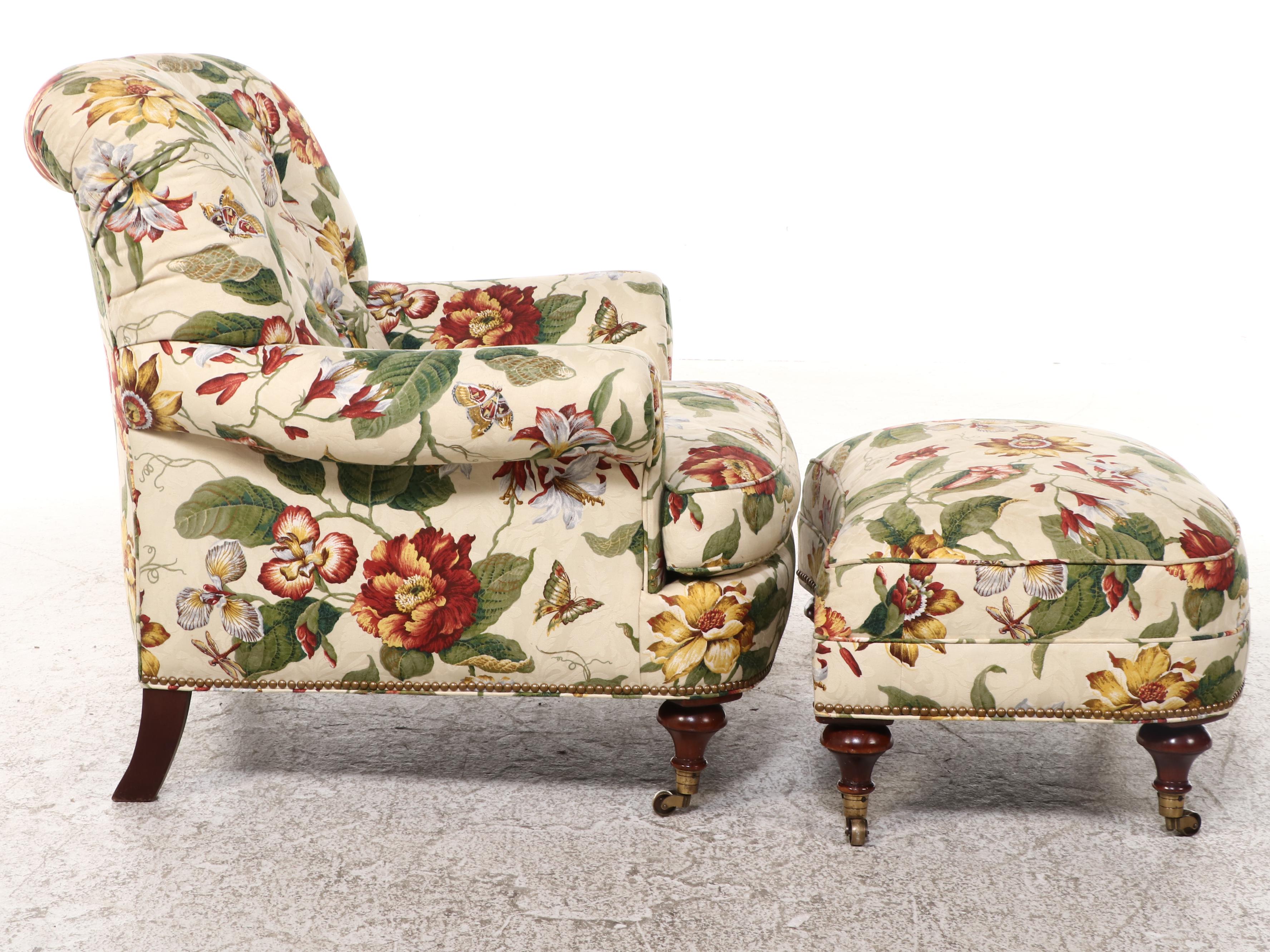 Victorian Style Mahogany and Buttoned-Down Easy Armchair with Ottoman