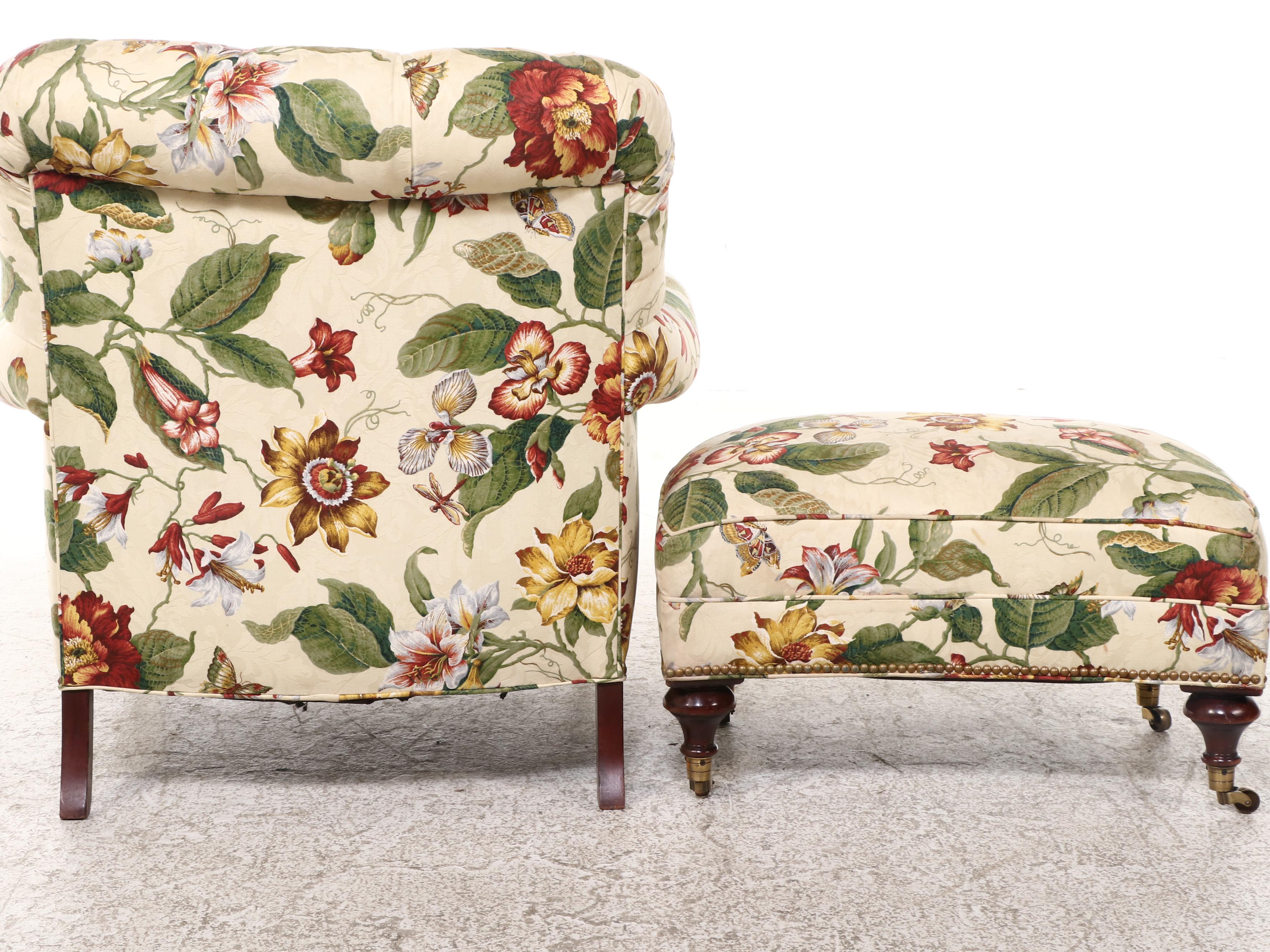 Victorian Style Mahogany and Buttoned-Down Easy Armchair with Ottoman