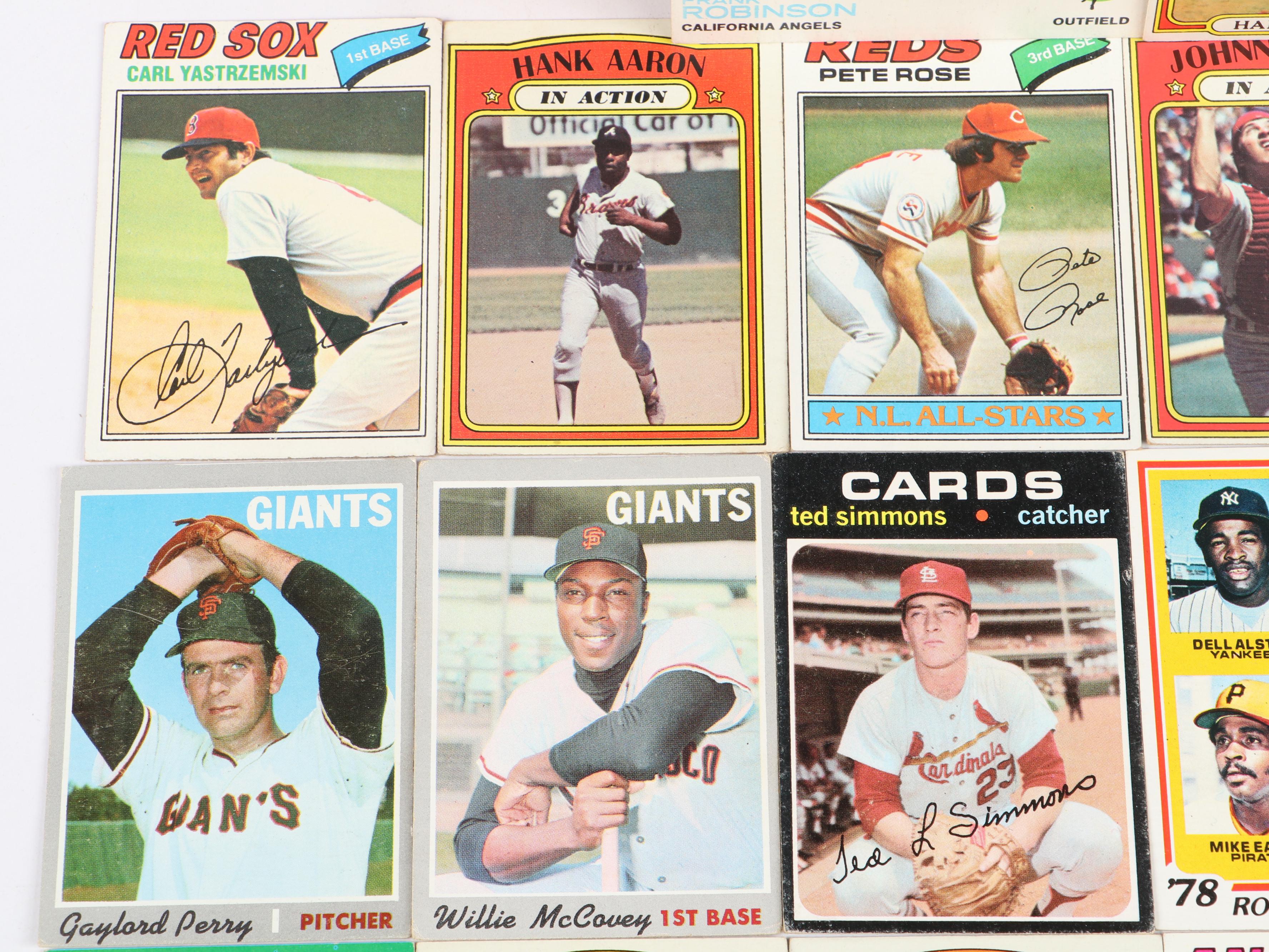 Topps Baseball Cards Featuring Roberto Clemente and Hank Aaron, 1970s–1980s