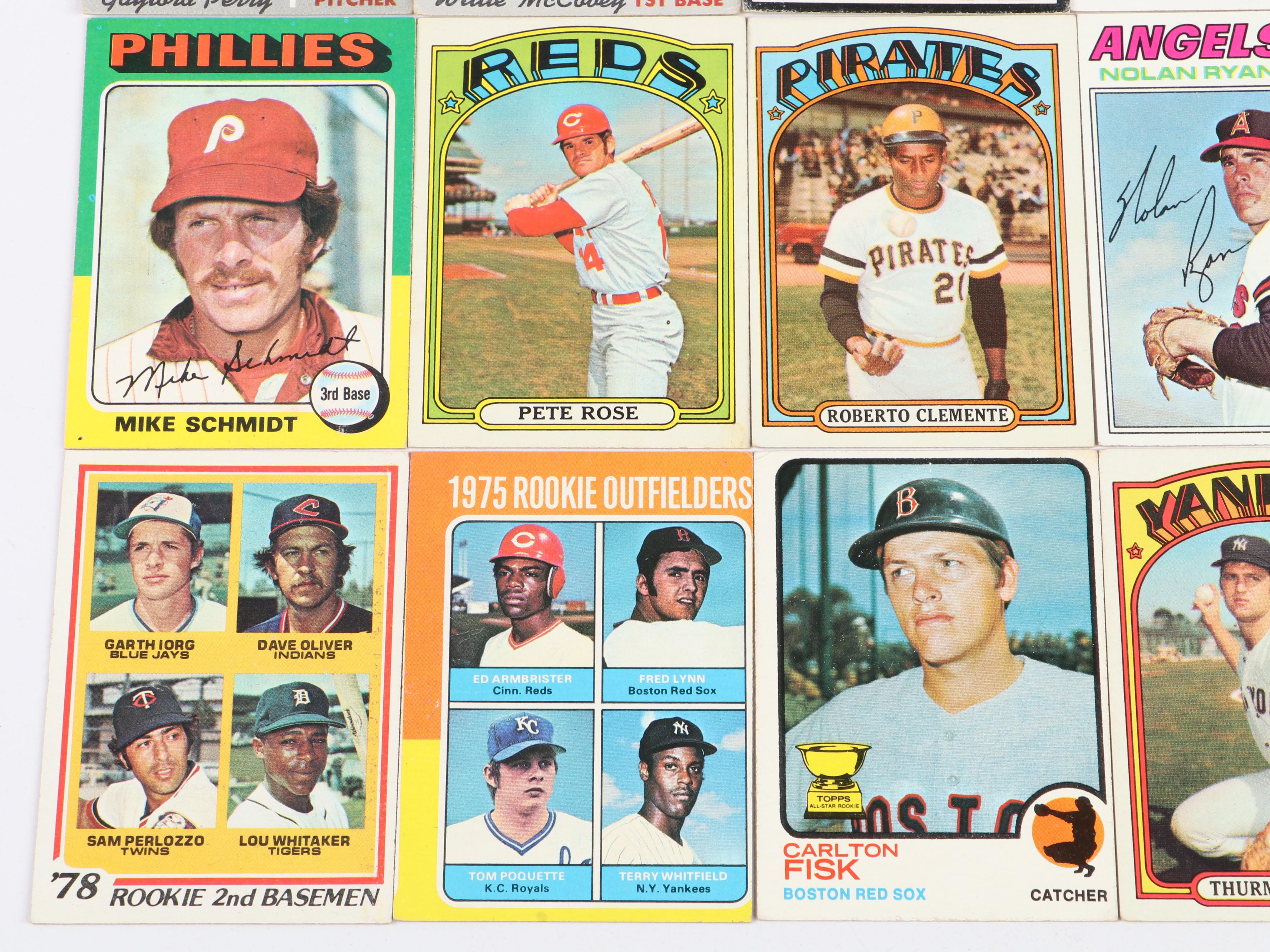 Topps Baseball Cards Featuring Roberto Clemente and Hank Aaron, 1970s–1980s