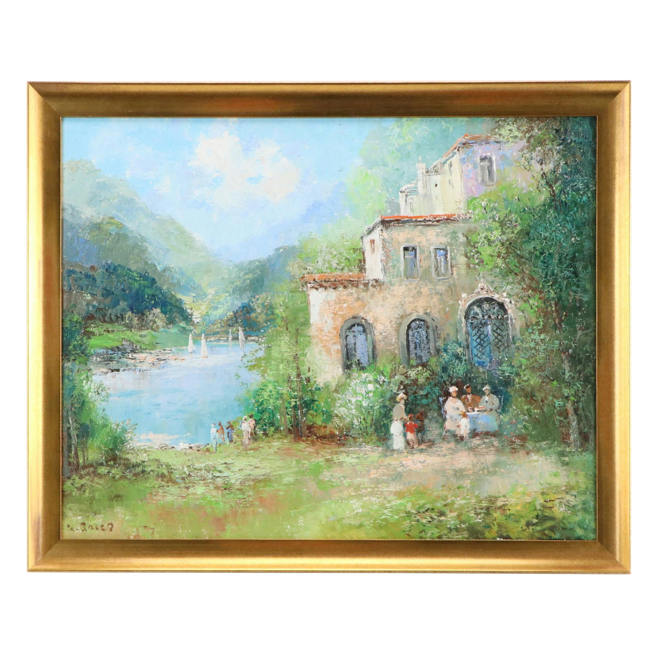 Willi Bauer Impressionist Oil Painting "Picnic by the Lake"