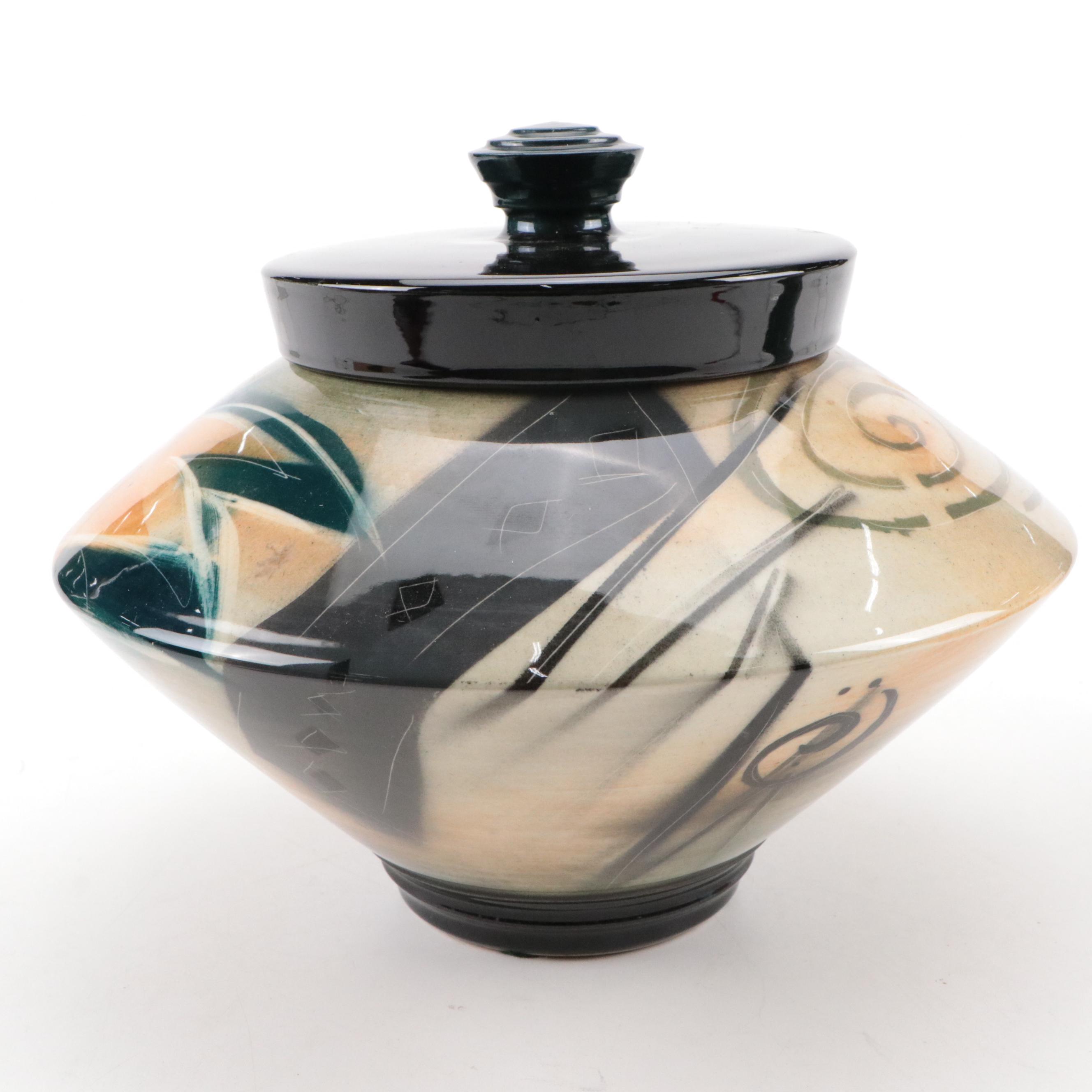 Art Pottery Lidded Pot with Geometric Designs and English Soho Pottery Vase