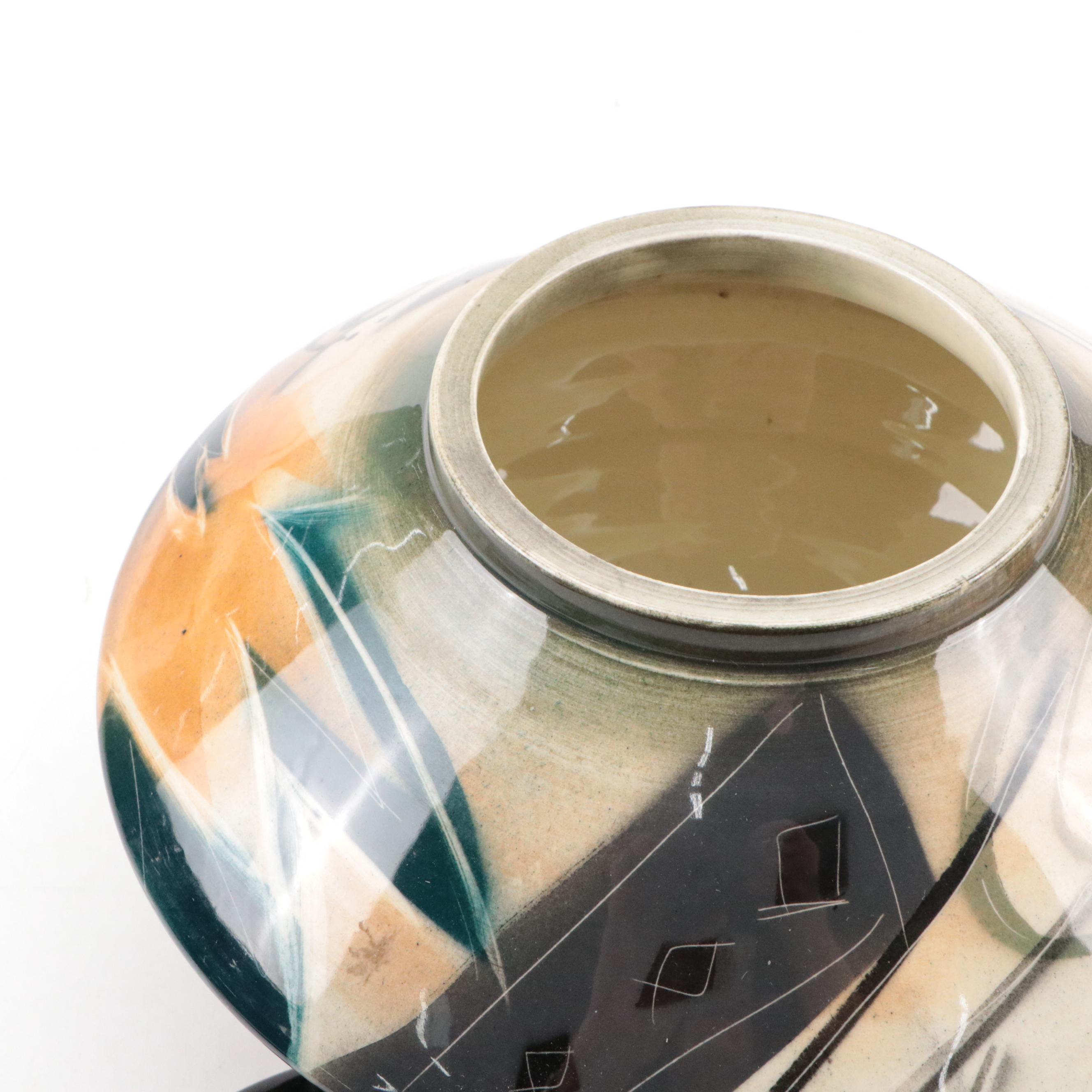 Art Pottery Lidded Pot with Geometric Designs and English Soho Pottery Vase