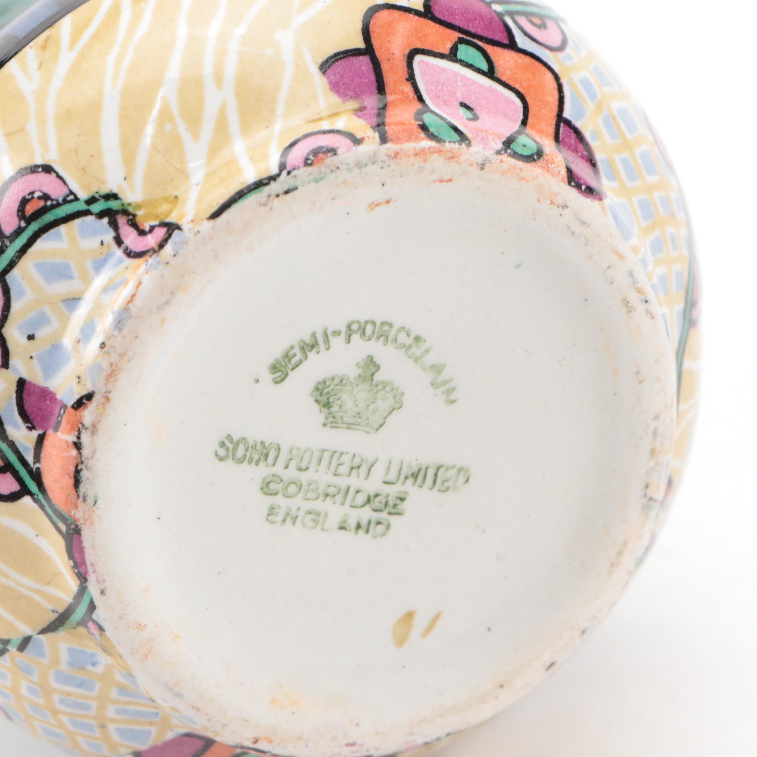 Art Pottery Lidded Pot with Geometric Designs and English Soho Pottery Vase