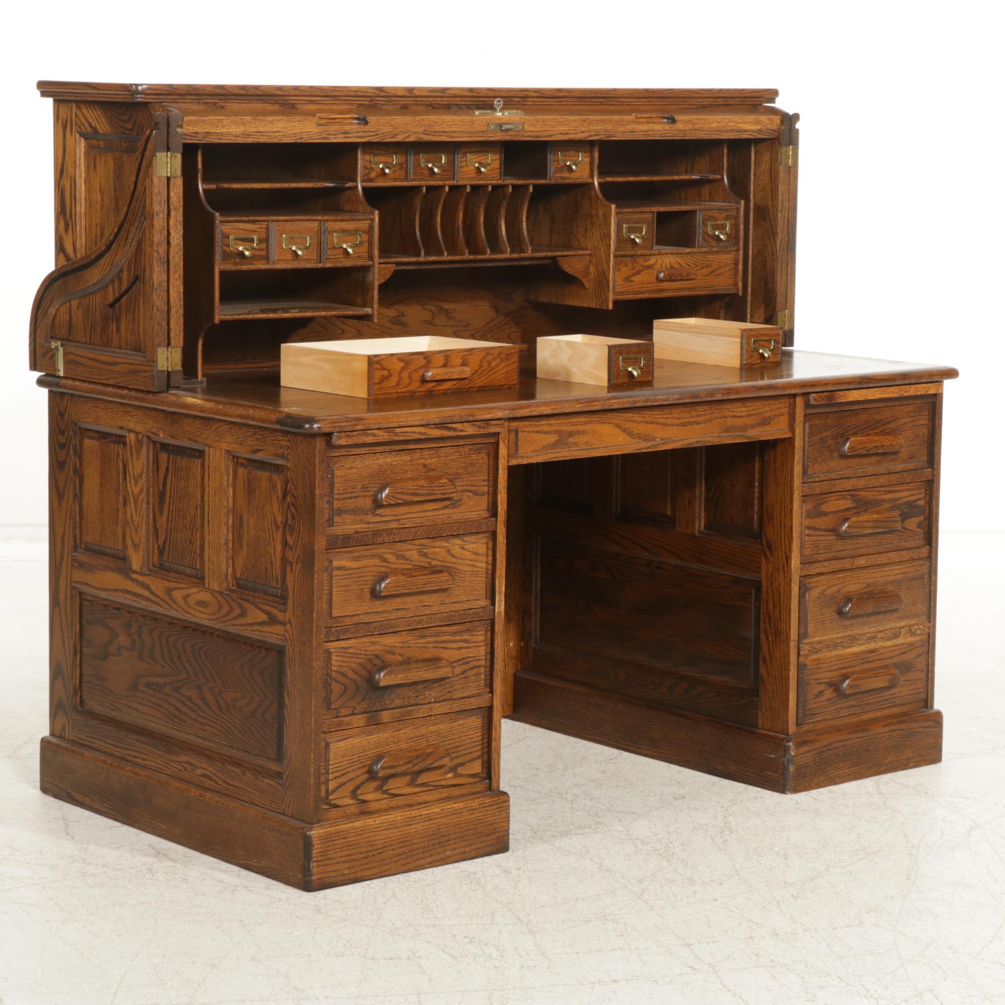 Oak Crest Roll Top Desk, Late 20th Century