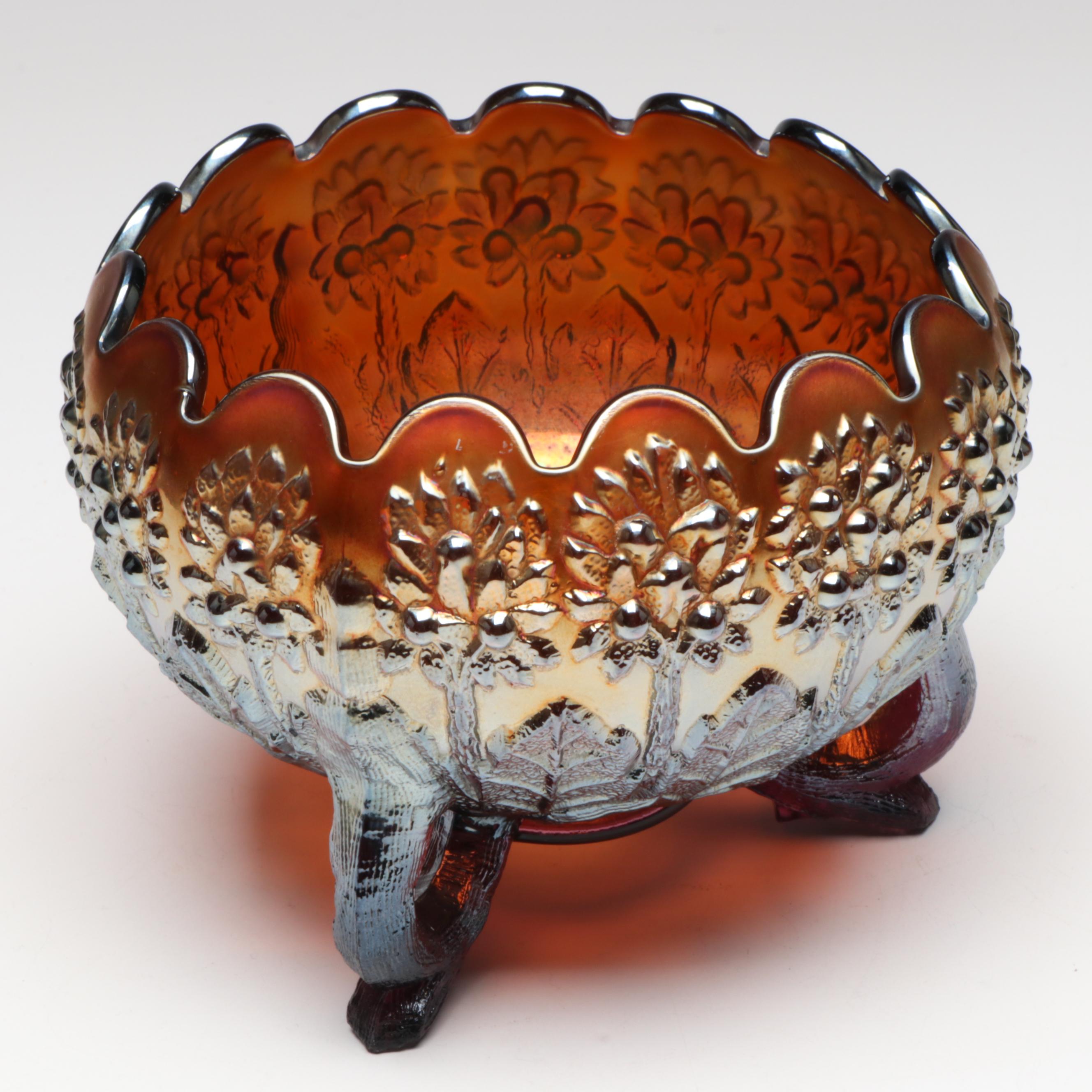 Fenton "Orange Tree Marigold" Three-Toed Bowl with More Carnival Glass Tableware