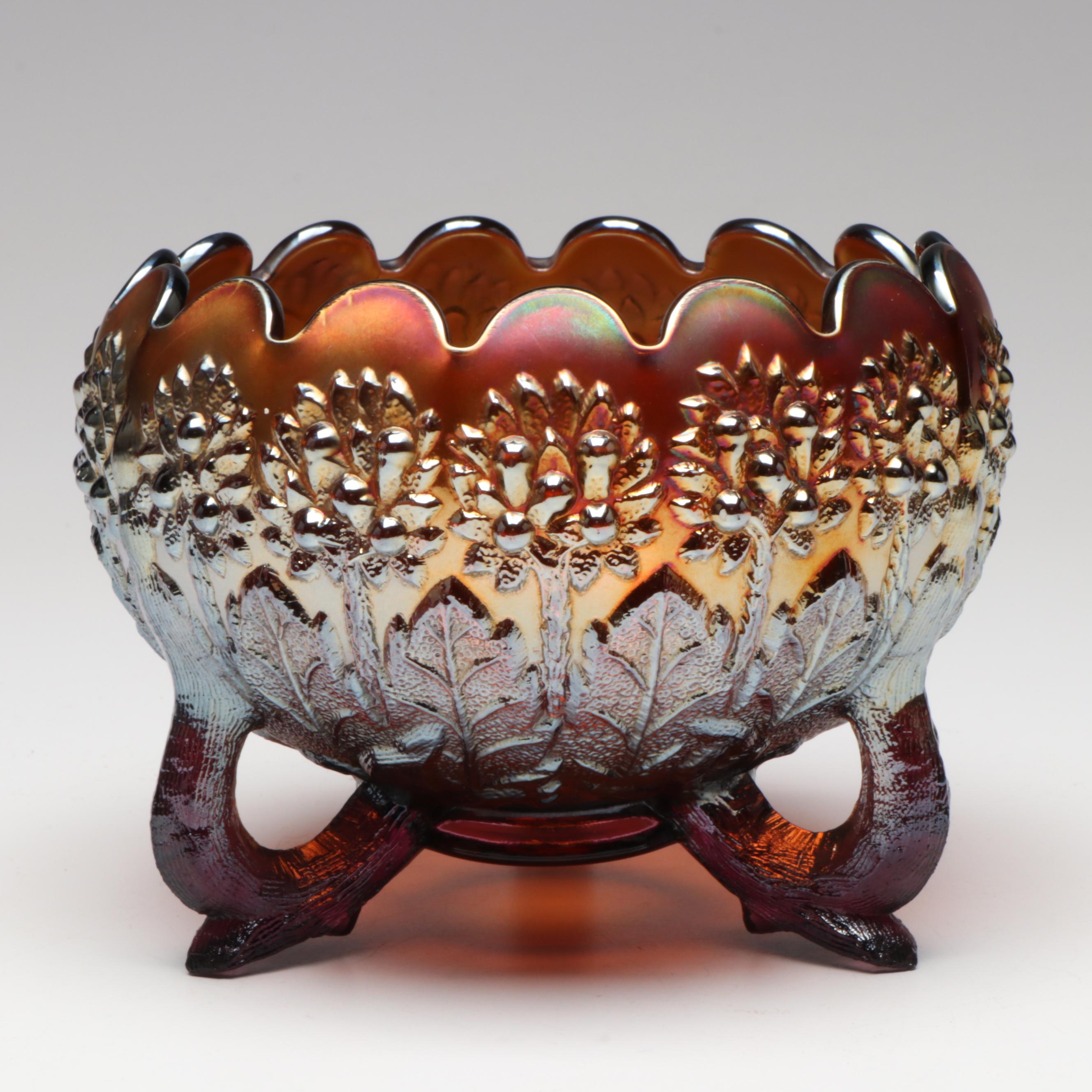 Fenton "Orange Tree Marigold" Three-Toed Bowl with More Carnival Glass Tableware