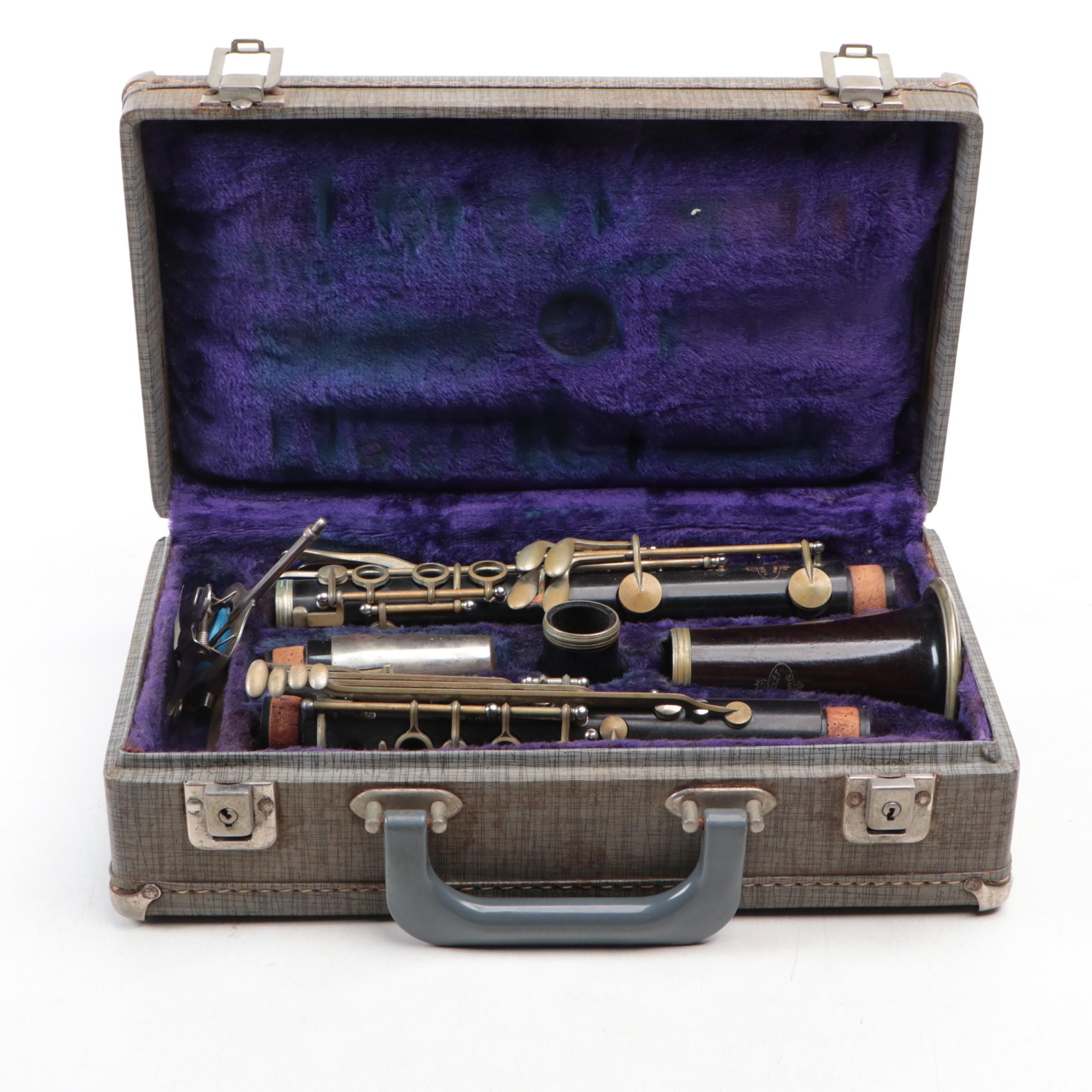Noblet Paris Ebonized Wood Clarinet with Case, Mid to Late 20th Century