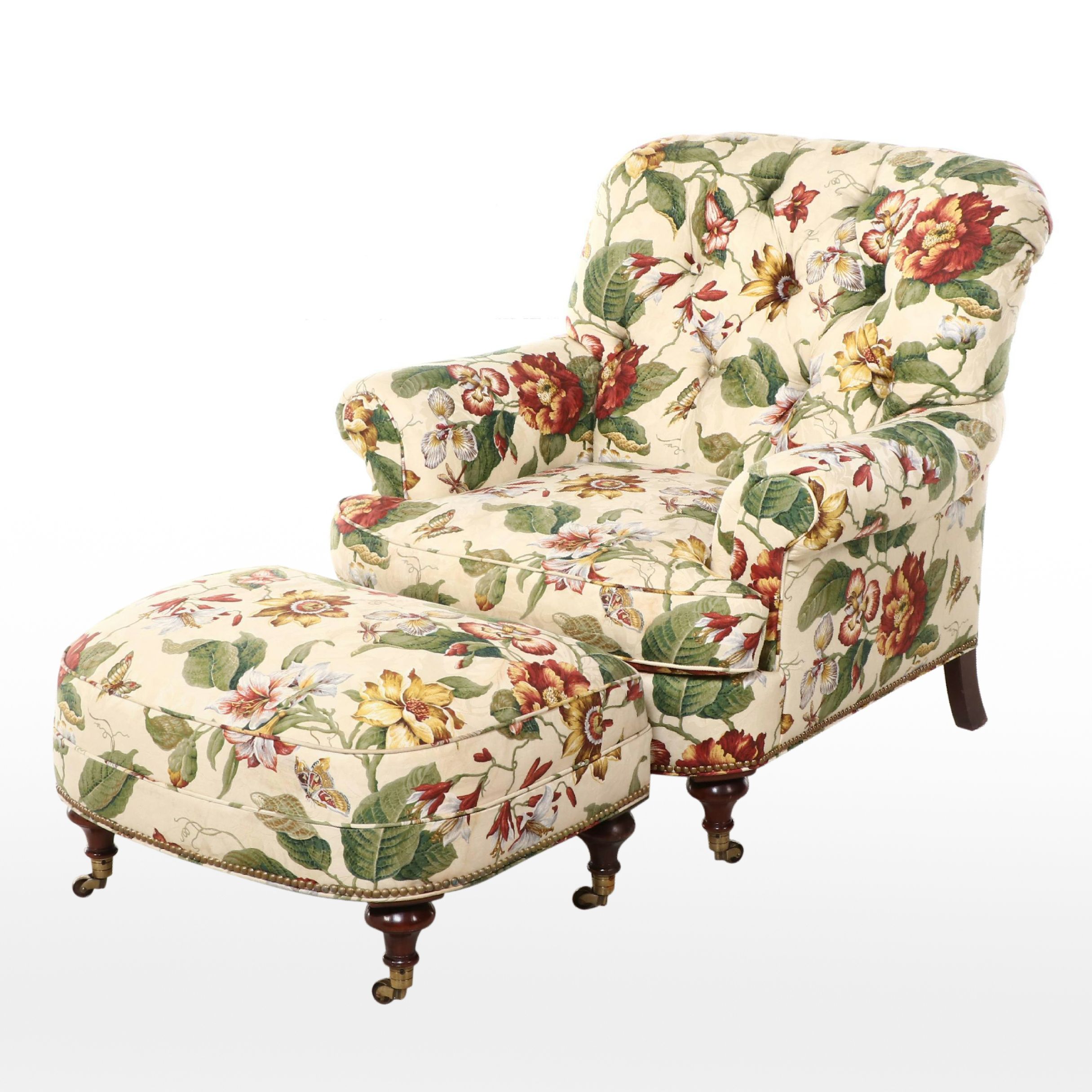 Victorian Style Mahogany and Buttoned-Down Easy Armchair with Ottoman