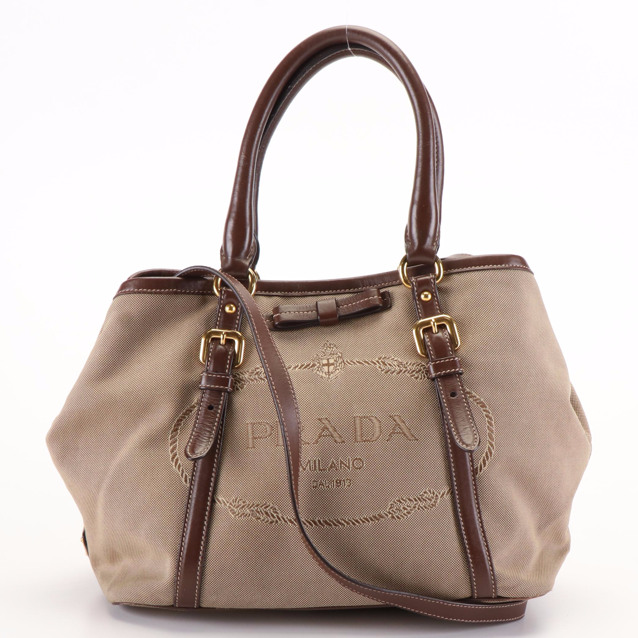 Prada Beige Canvas Jacquard Convertible Tote Bag