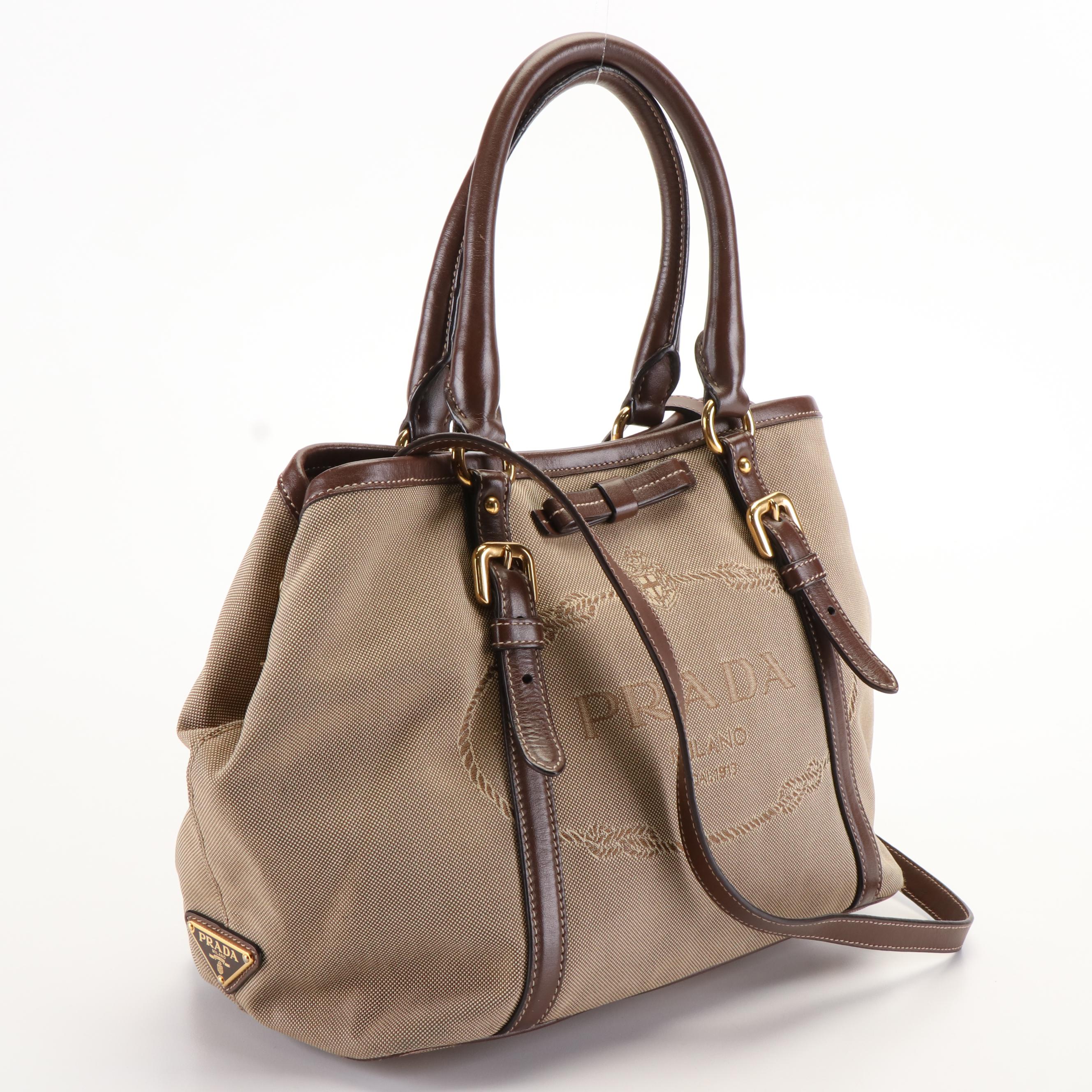 Prada Beige Canvas Jacquard Convertible Tote Bag