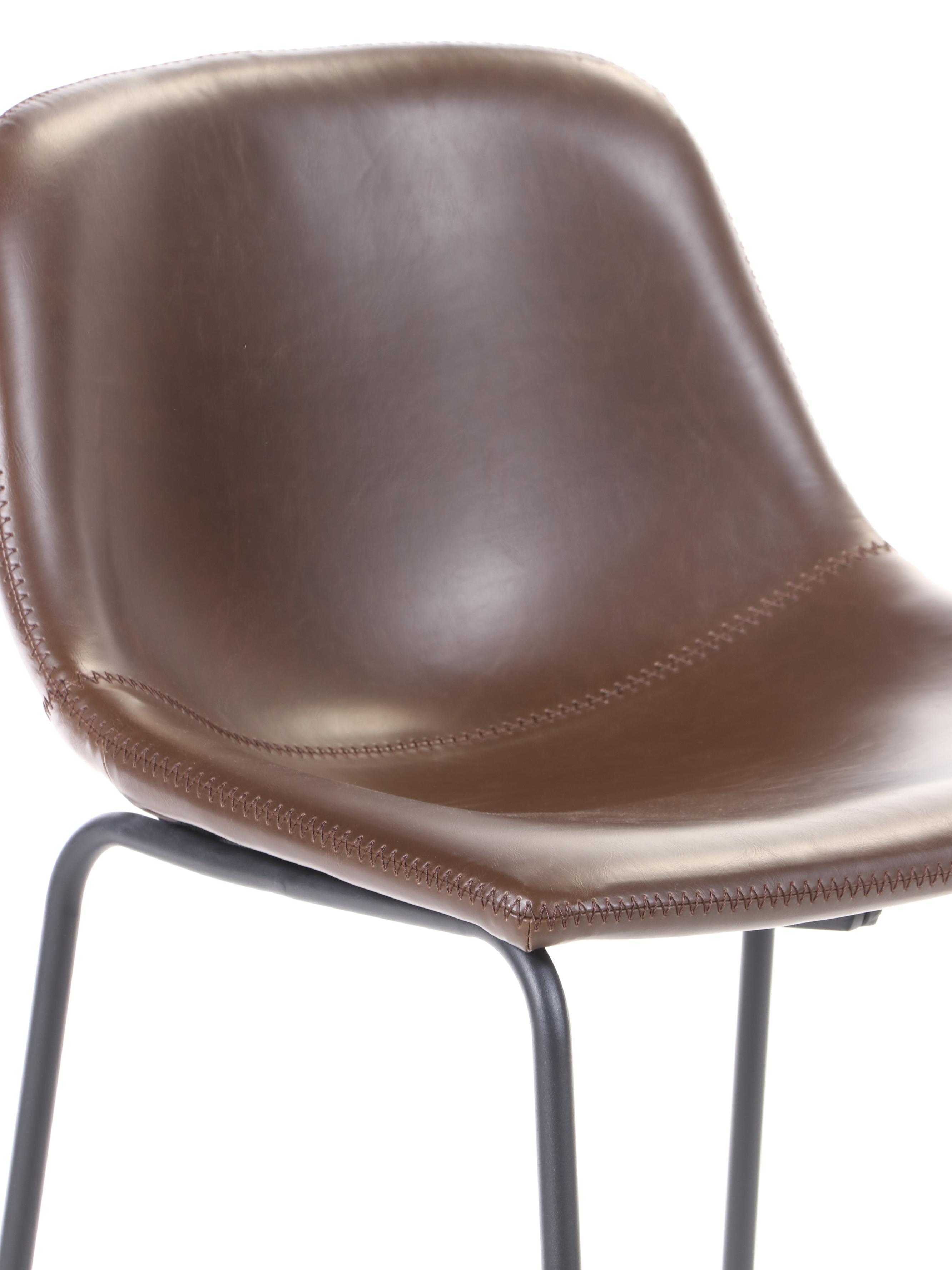 Pair of Modernist Style Brown Faux Leather and Metal Barstools