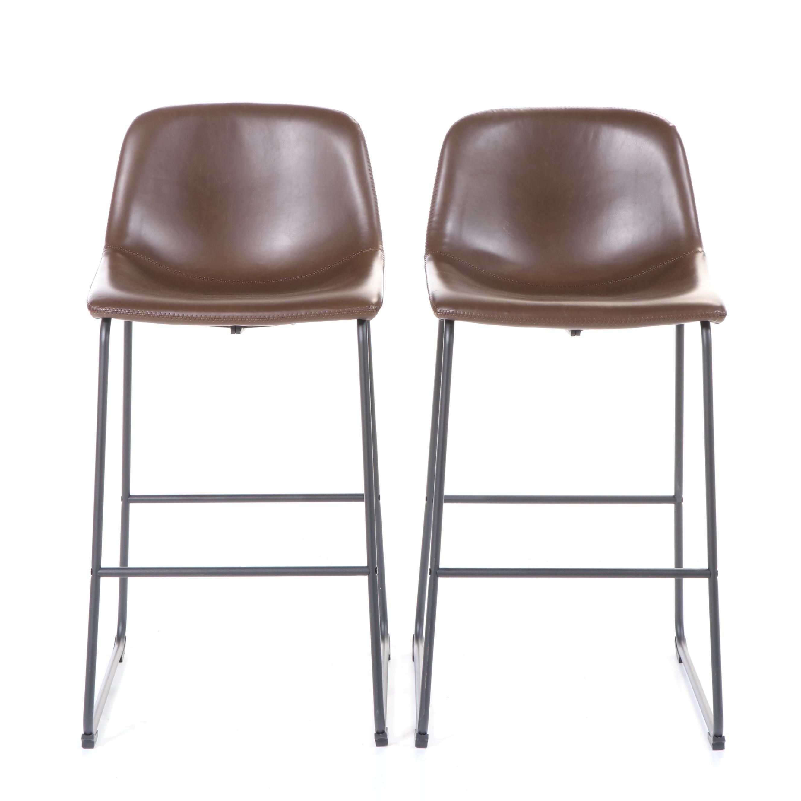 Pair of Modernist Style Brown Faux Leather and Metal Barstools