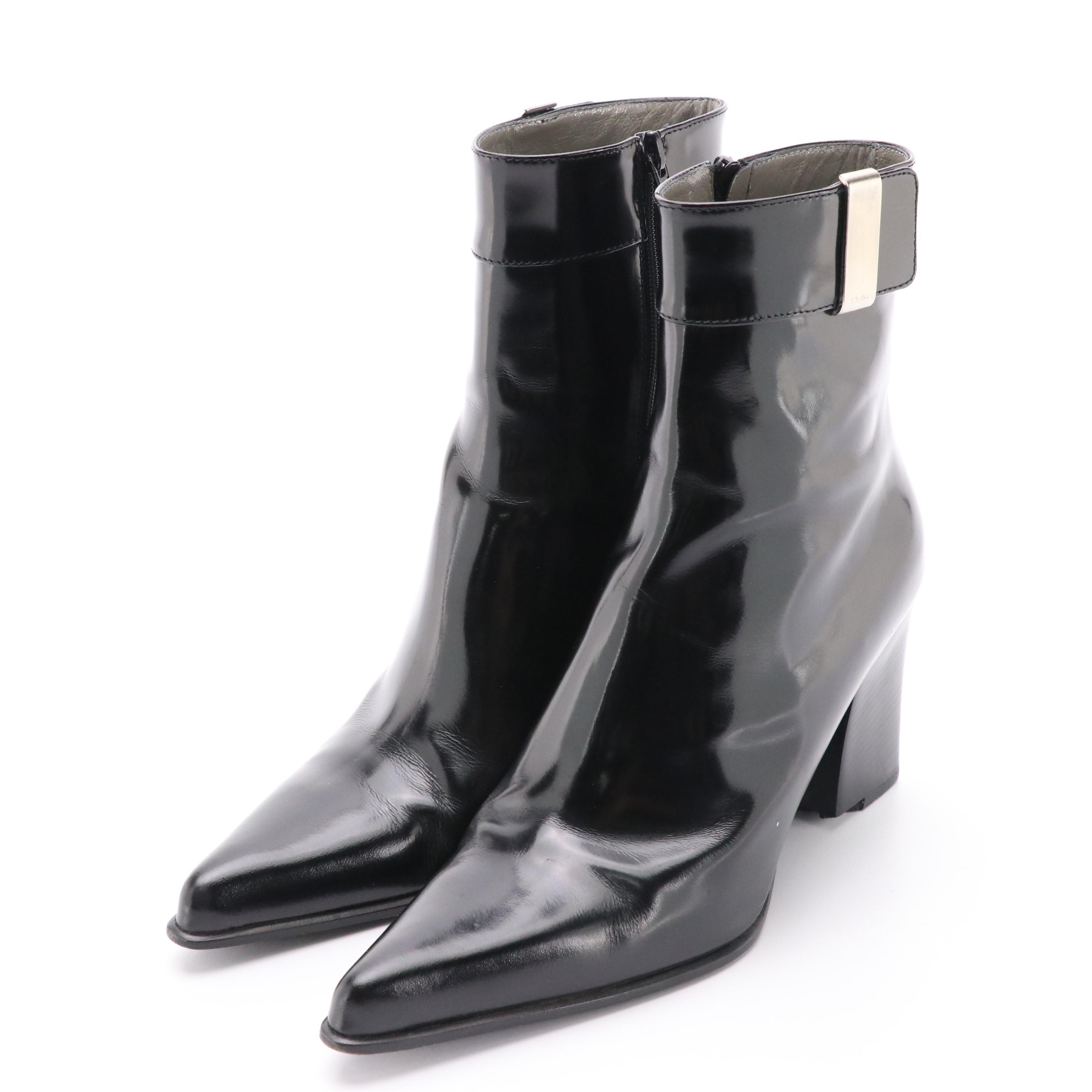Prada Pointed-Toe Ankle Boots in Black Patent Leather with Box