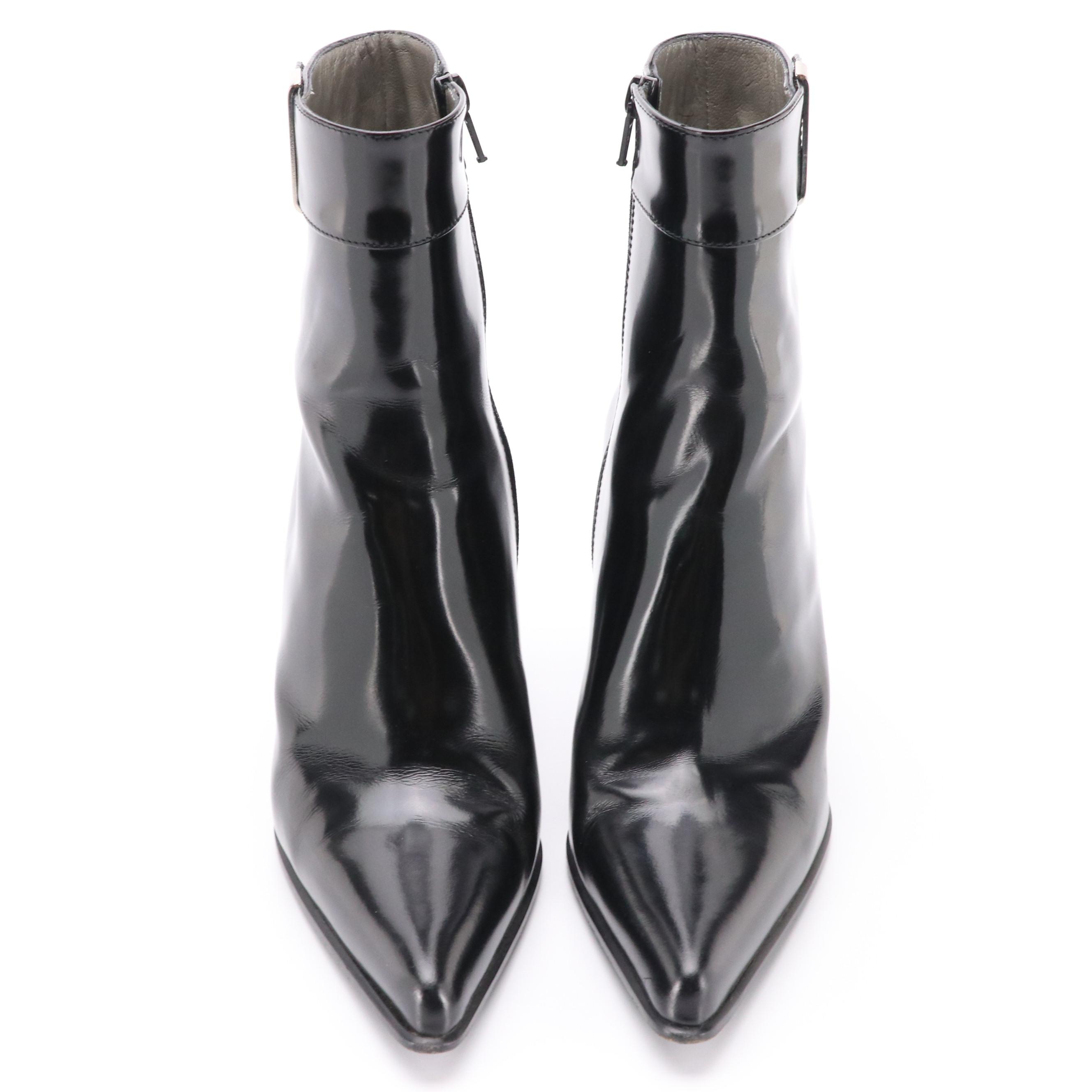 Prada Pointed-Toe Ankle Boots in Black Patent Leather with Box