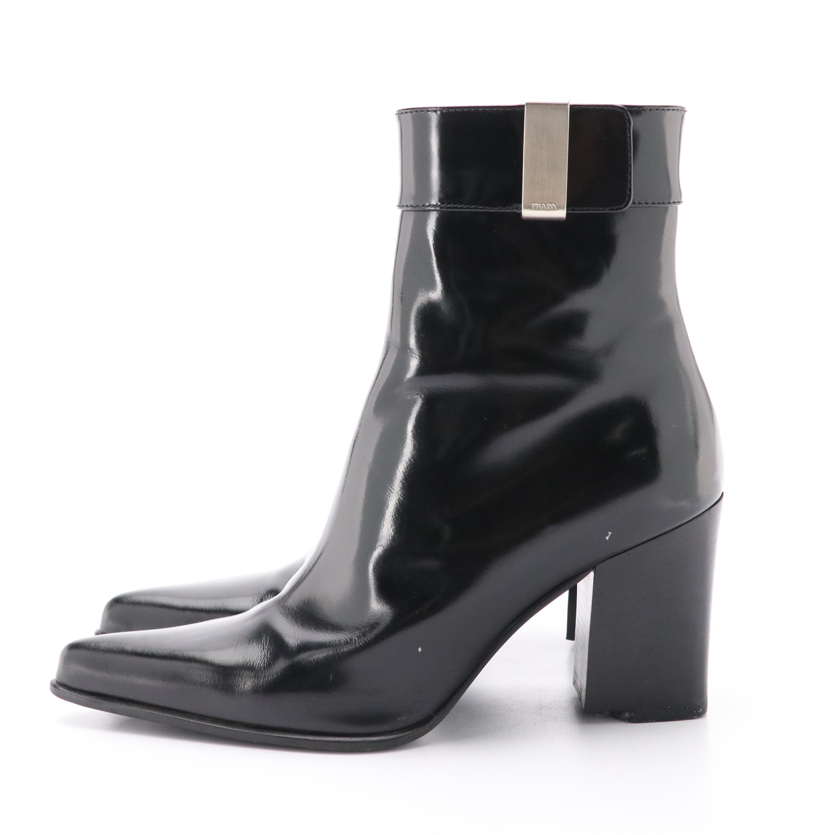 Prada Pointed-Toe Ankle Boots in Black Patent Leather with Box