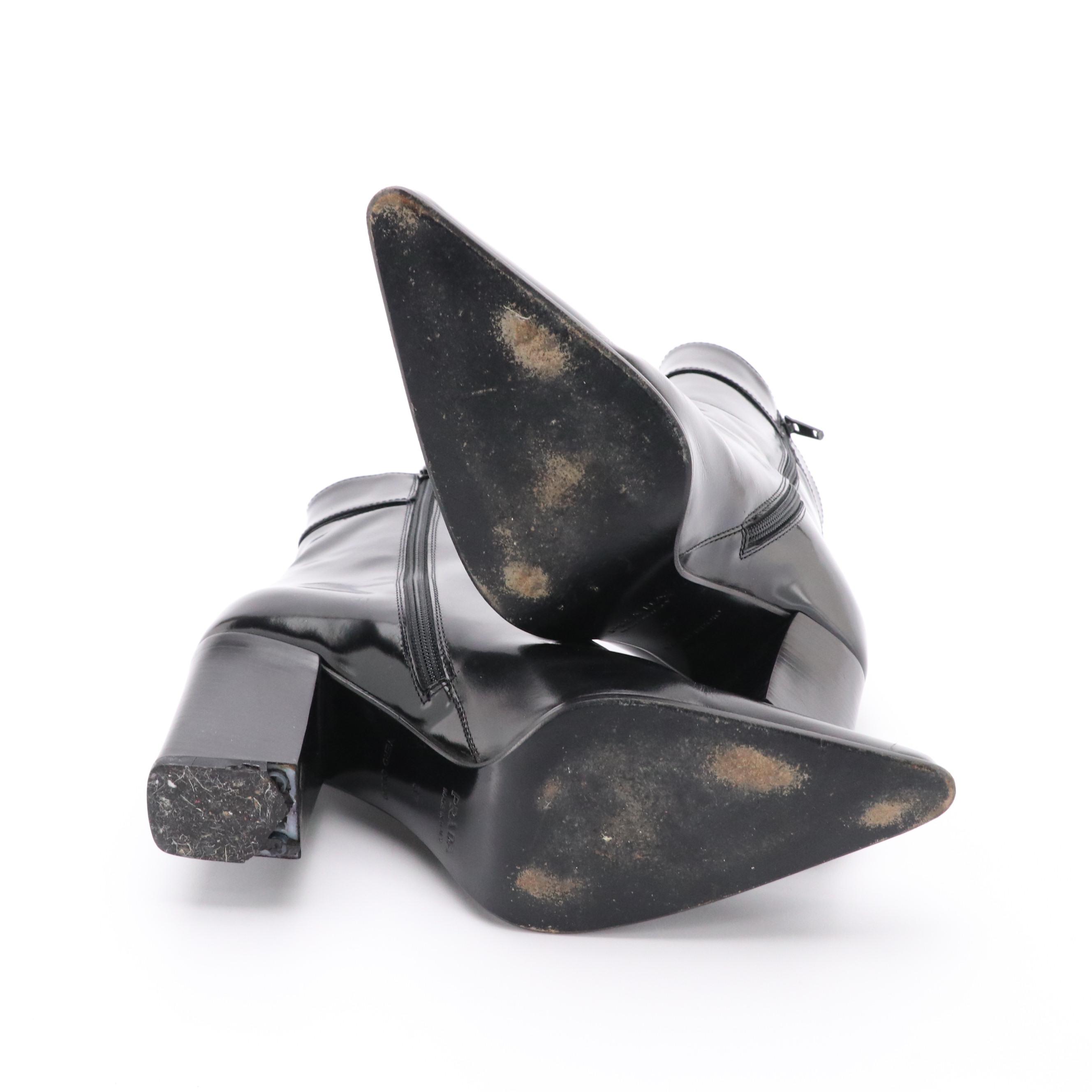 Prada Pointed-Toe Ankle Boots in Black Patent Leather with Box