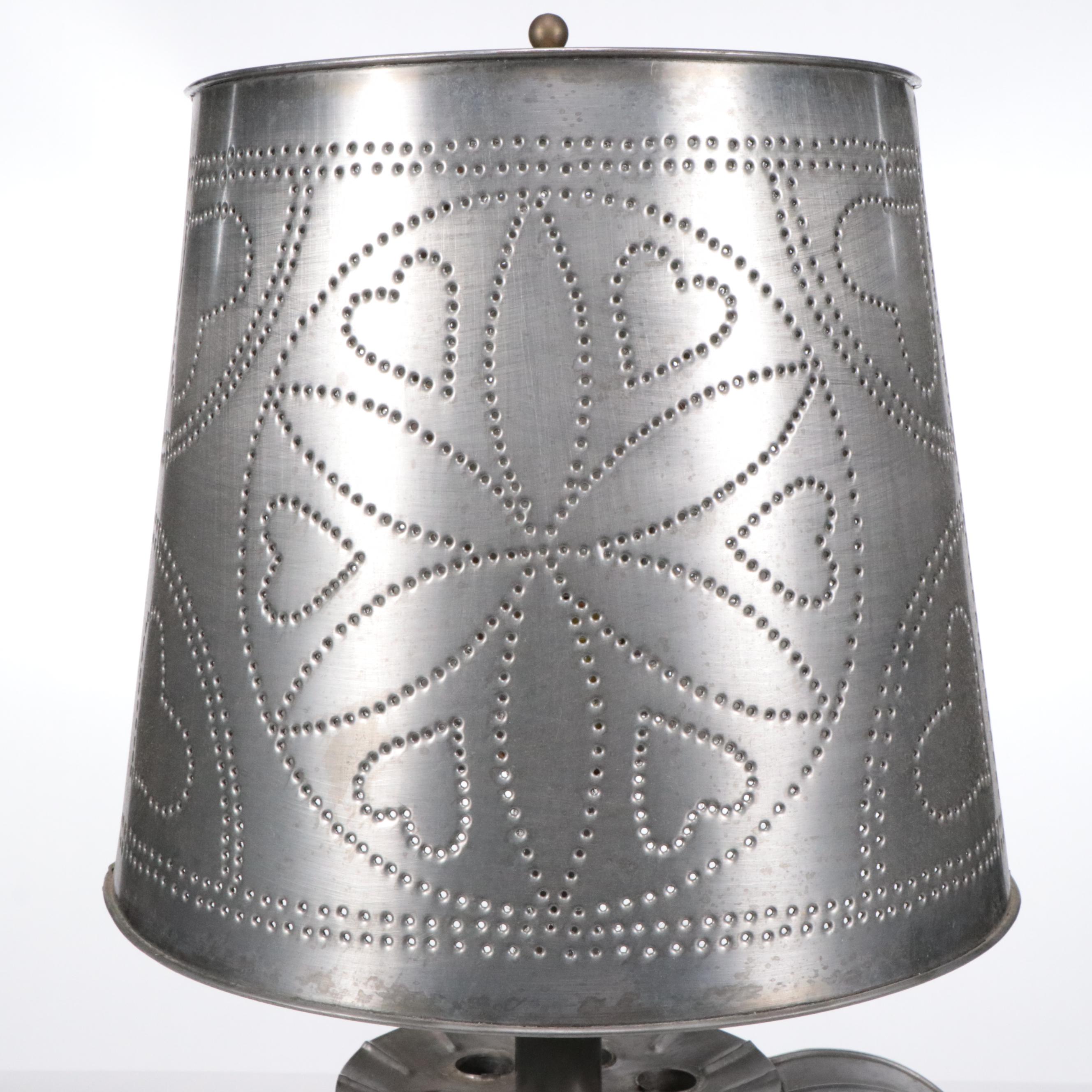 Colonial Style Tin Candle Mold Lamp with Pierced Tin Shade, Vintage