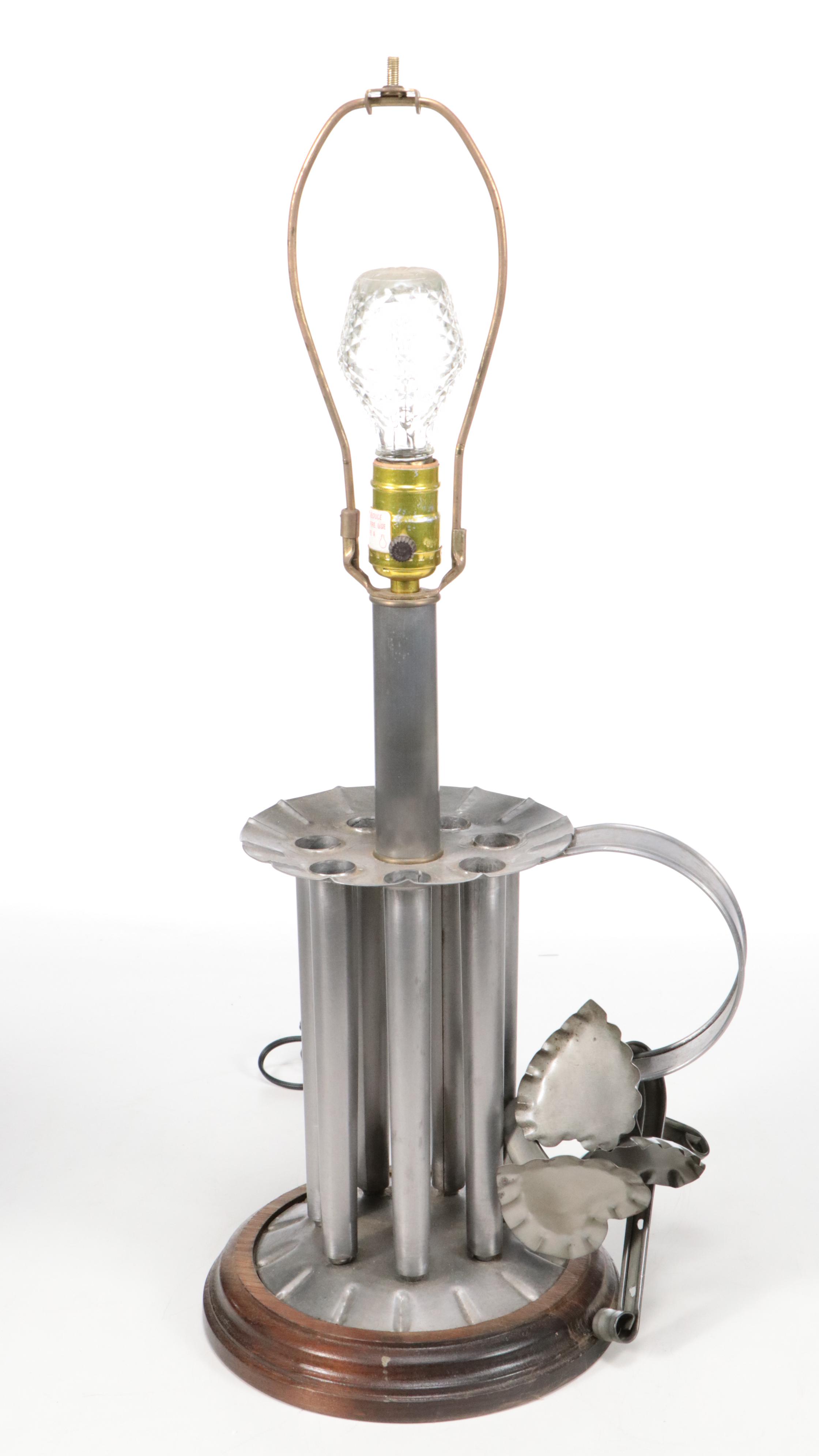 Colonial Style Tin Candle Mold Lamp with Pierced Tin Shade, Vintage