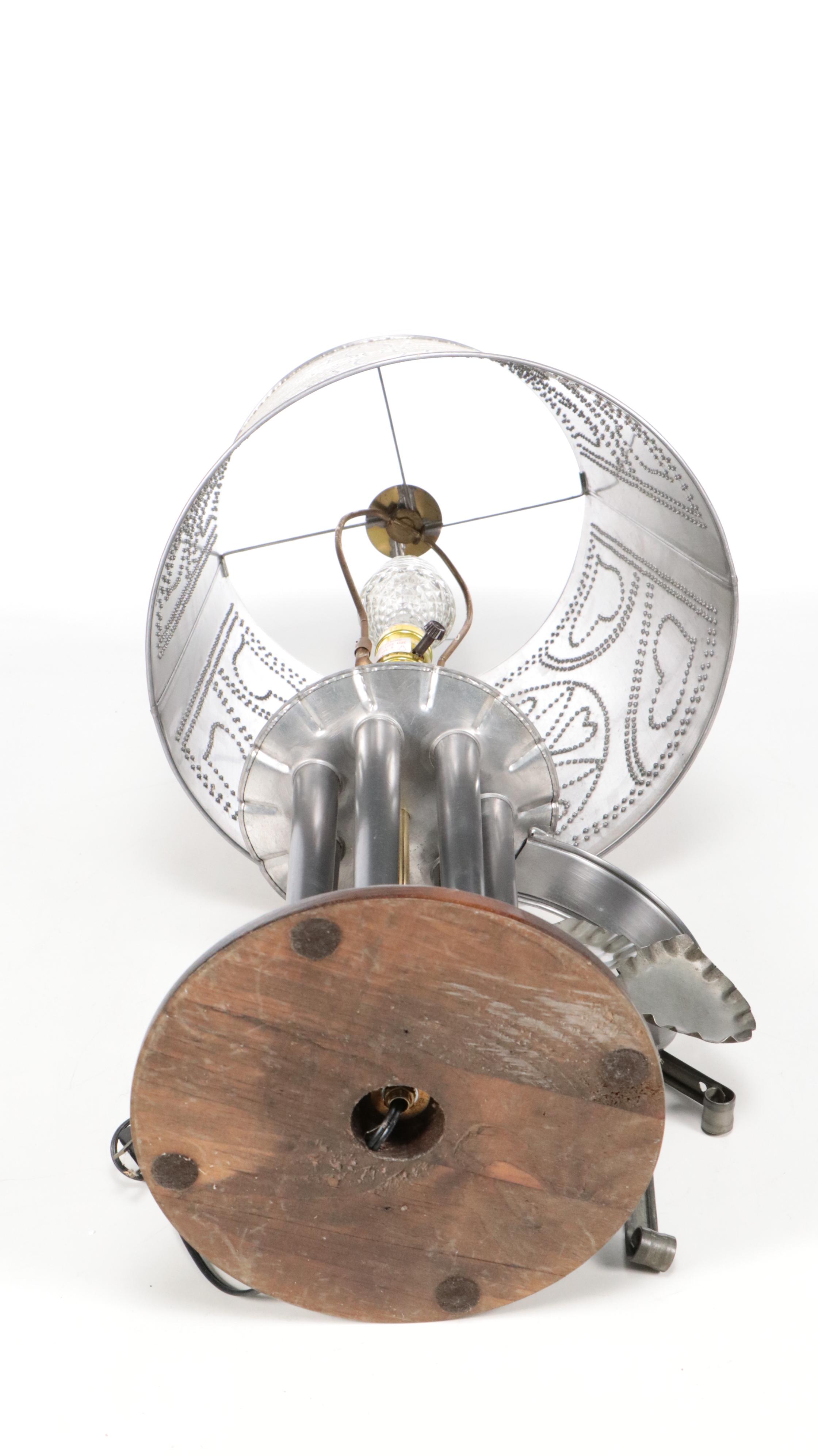 Colonial Style Tin Candle Mold Lamp with Pierced Tin Shade, Vintage