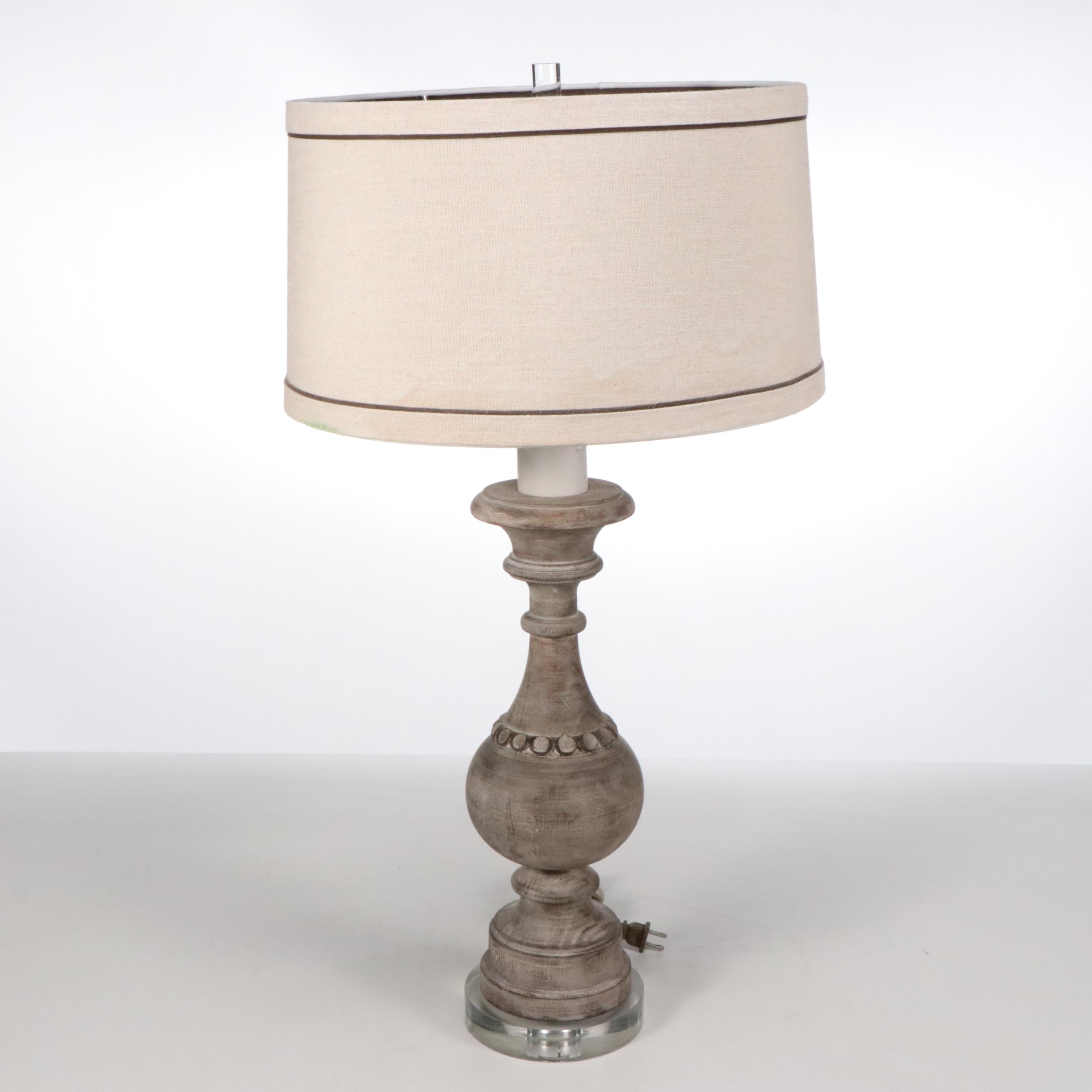 Hand-Carved Wooden Baluster on Acrylic Table Lamps with Custom Drum Shades